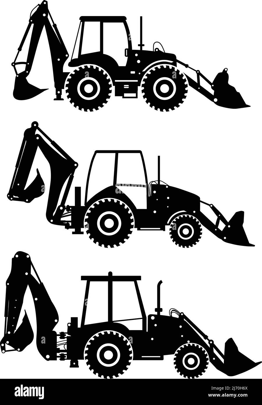 Set di terne con silhouette diverse isolate su sfondo bianco. Macchine per l'edilizia e l'estrazione mineraria pesanti. Illustrazione vettoriale. Illustrazione Vettoriale