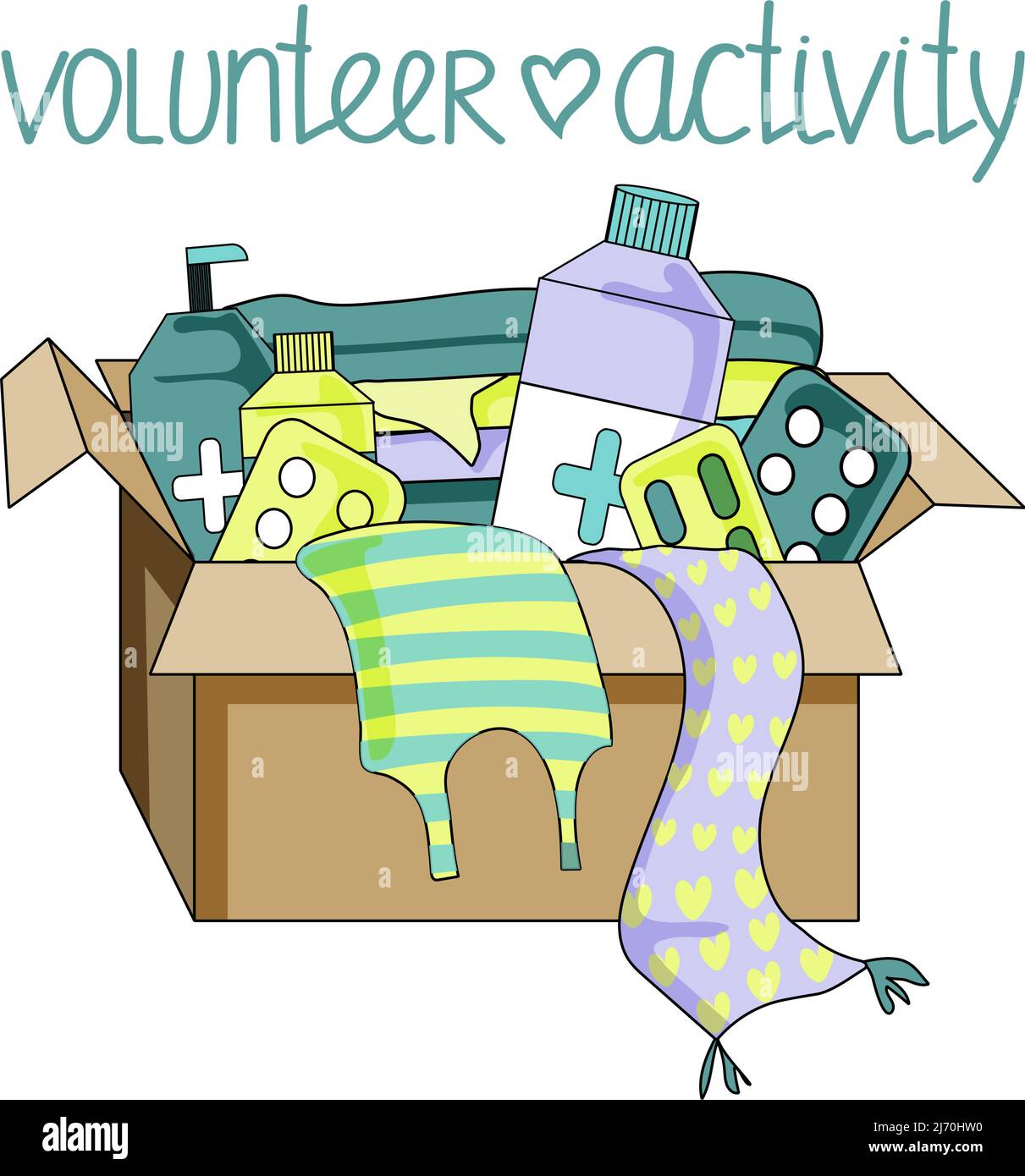 Una scatola di vestiti e di medicina. Aiuti umanitari e donazioni di beneficenza per i rifugiati, volontariato. Illustrazione vettoriale nello stile di un carrello piatto Illustrazione Vettoriale