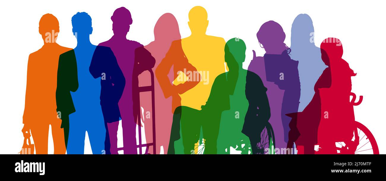Coloratissime silhouette della parte superiore del corpo di persone che lavorano come risorse umane e concetto di inclusione Foto Stock