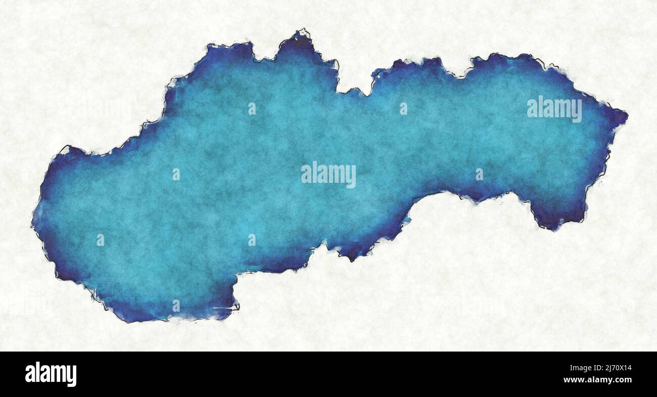 Mappa della Slovacchia con linee tracciate e illustrazione dell'acquerello blu Foto Stock