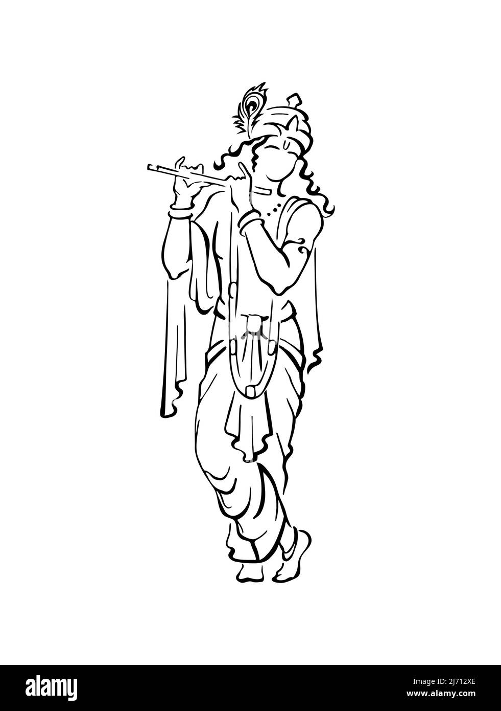 Lord Krishna in bei vestiti e corona, giocando il flauto bansuri. Dio di protezione, amore, compassione. Schizzo originale Illustrazione Vettoriale