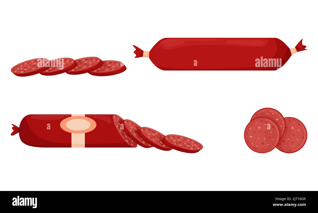 Set di salsicce affumicate rosse, salsiccia intera, metà, a fette. Cibo, piatto di carne pronto all'uso. Stile piatto. Illustrazione vettoriale a colori isolata su un backgro bianco Illustrazione Vettoriale