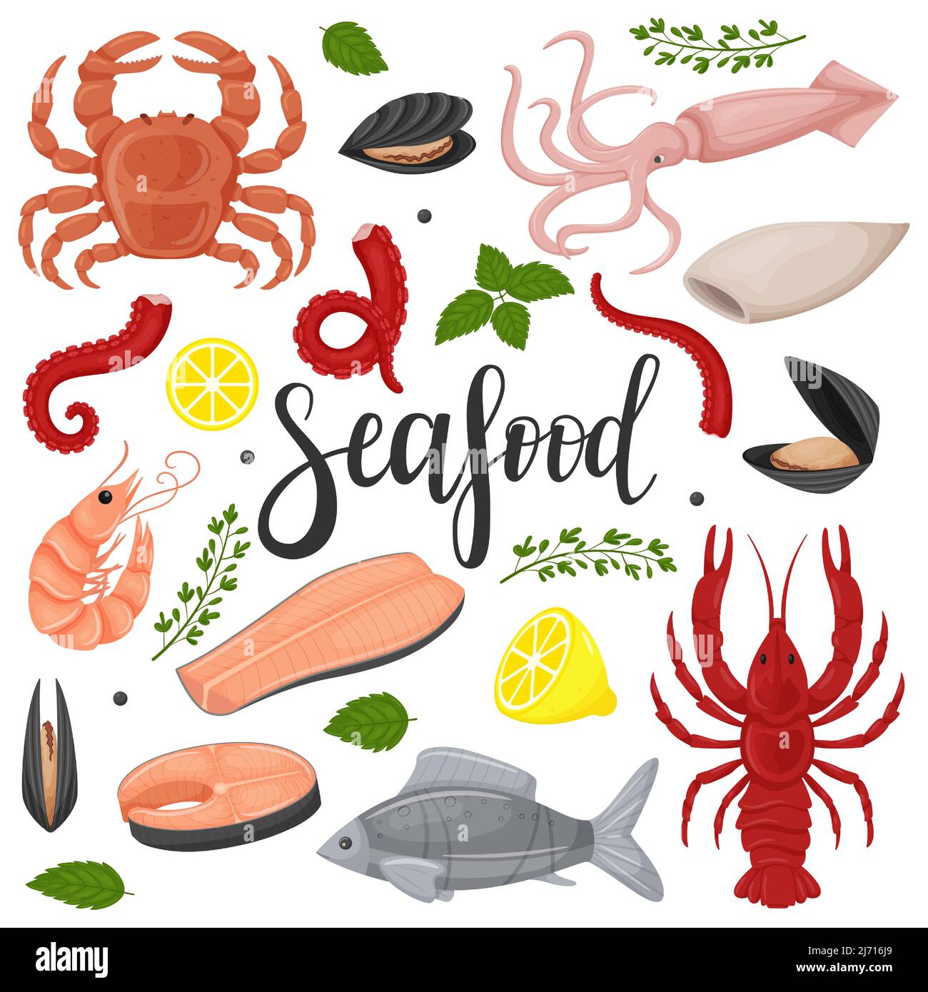 Una serie di frutti di mare. Calamari, polpi, pesce rosso, filetto, cozze, granchio, gamberi, limone, rametti verdi. Una collezione in stile cartoon piatto. Vettore colore il Illustrazione Vettoriale