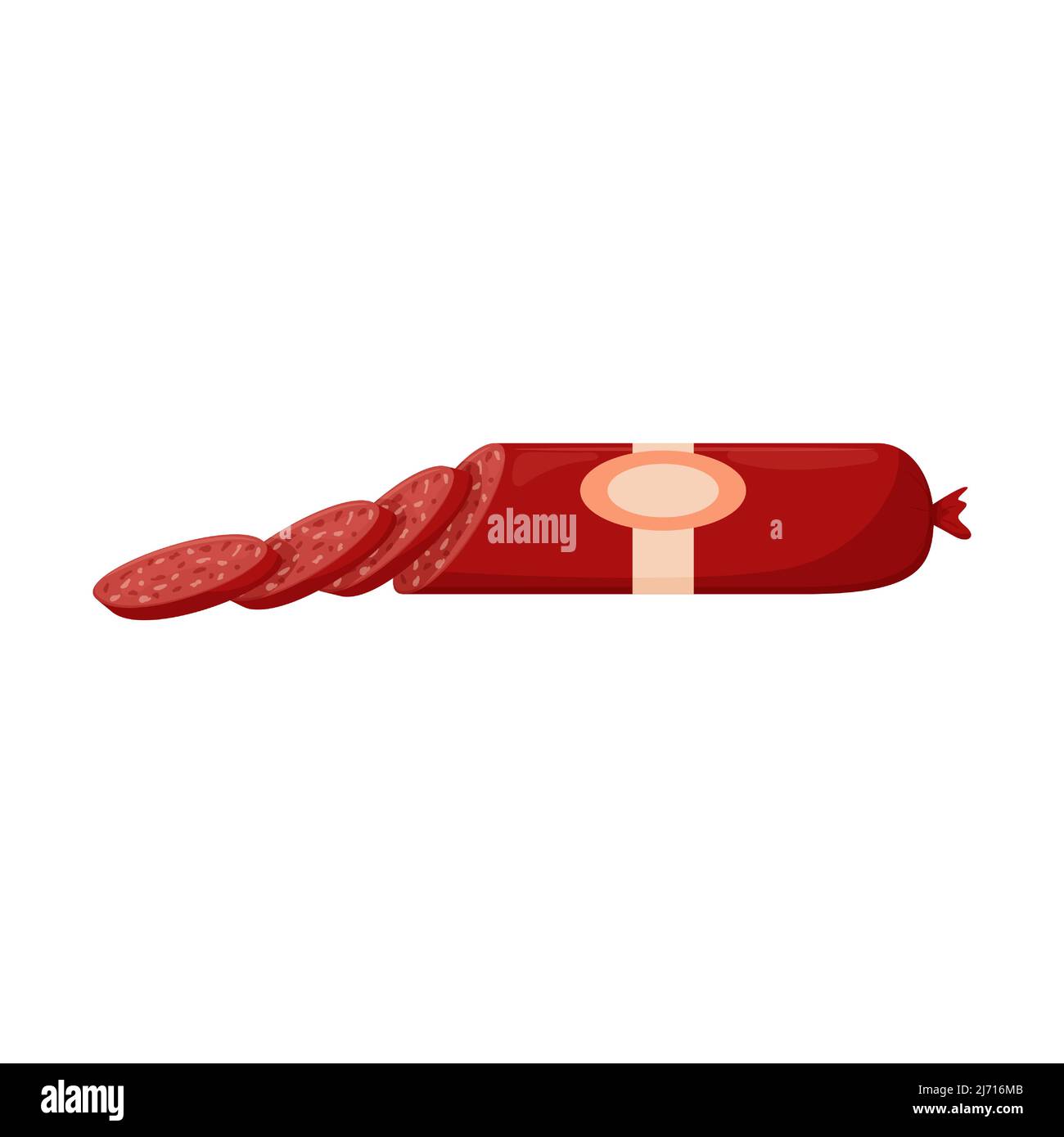 Salsiccia rossa affumicata. Affettare con salsiccia. Cibo, piatto di carne pronto all'uso. Stile piatto. Immagine vettoriale a colori isolata su sfondo bianco. Illustrazione Vettoriale