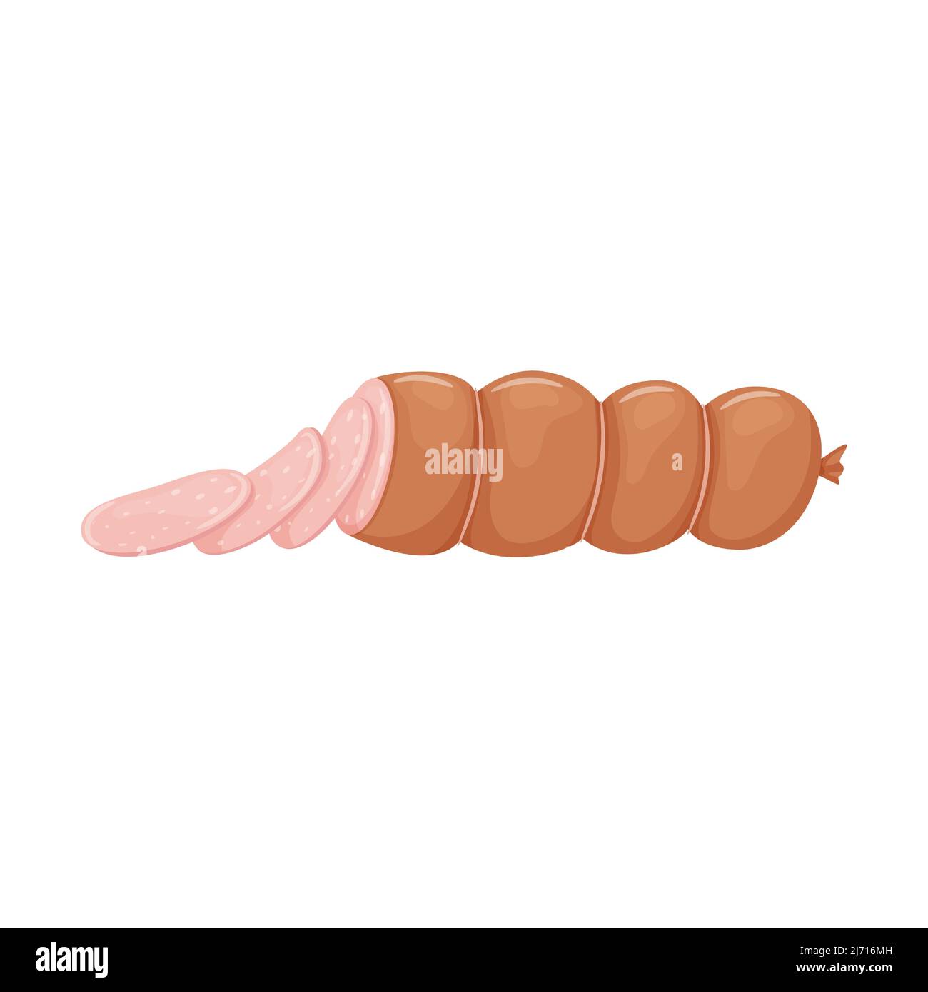 Salsiccia bollita rosa. Affettare con salsiccia. Cibo, piatto di carne pronto all'uso. Stile piatto. Immagine vettoriale a colori isolata su sfondo bianco. Illustrazione Vettoriale
