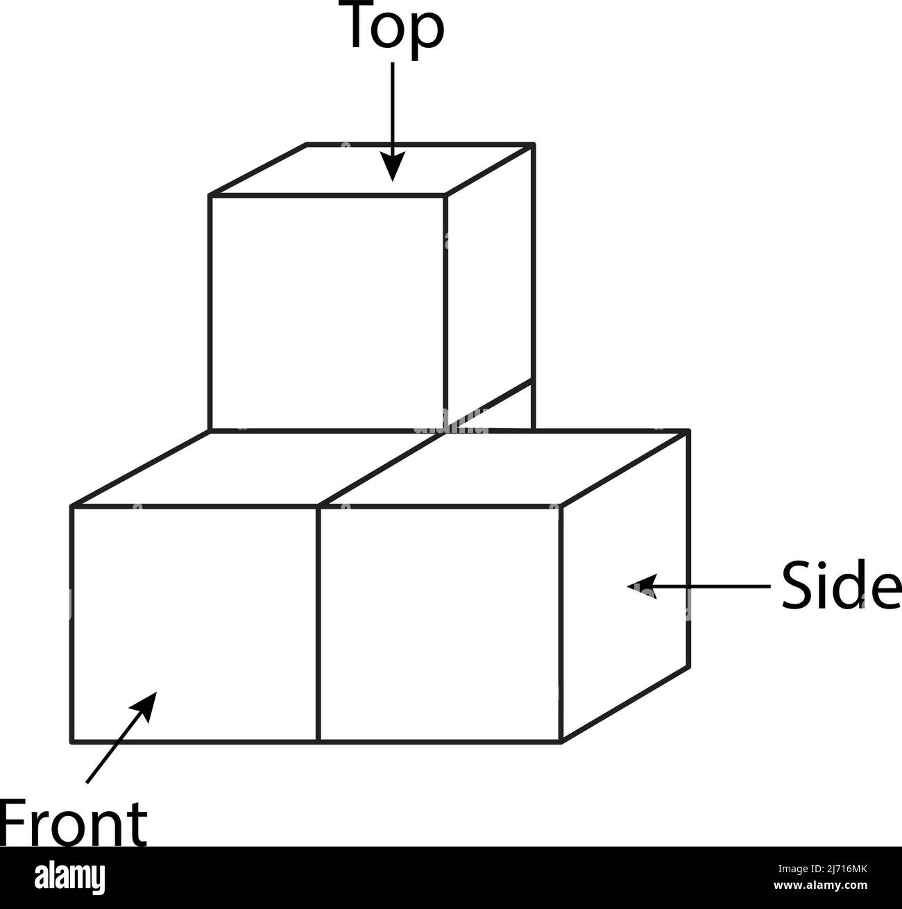 illustrazione di una forma geometrica cubica con una vista a spruzzo, dall'alto e frontale Illustrazione Vettoriale