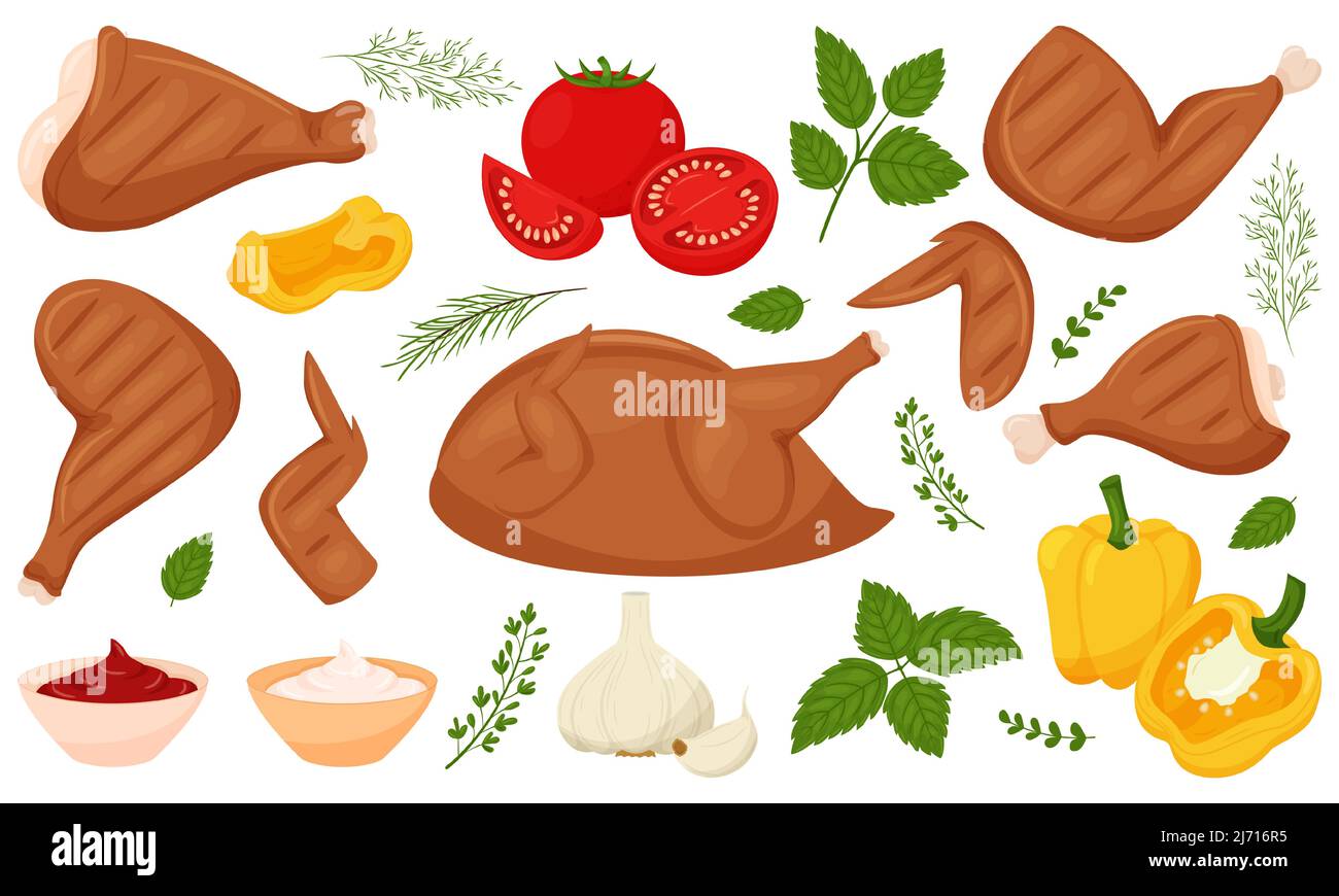 Set di pollo alla griglia e verdure. Cosce di pollo, ali, cosce, pollo intero, pomodori, peperoni, aglio, salse, foglie, rametti verdi. Cartoni animati piatti Illustrazione Vettoriale