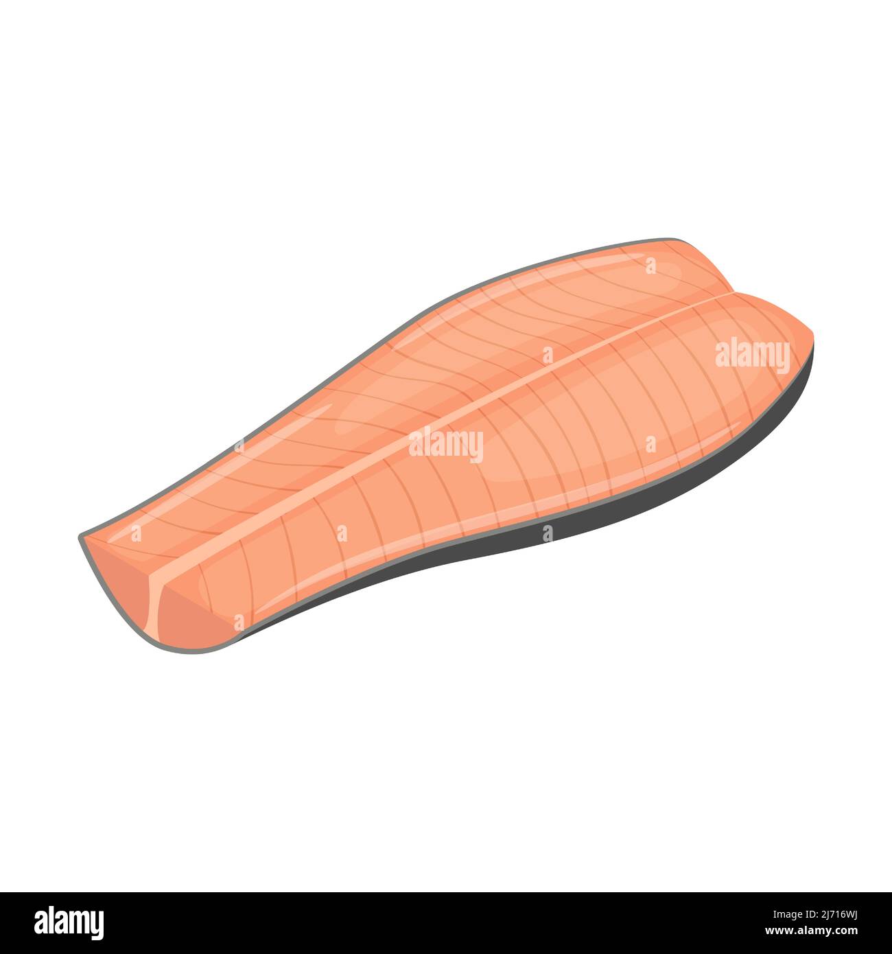 Un pezzo di pesce rosso in una sezione longitudinale. Filetto di salmone rosa o salmone. Carne cruda di pesce di mare, un ingrediente alimentare. Pesce sbucciato. Cartoon piatto Vec Illustrazione Vettoriale