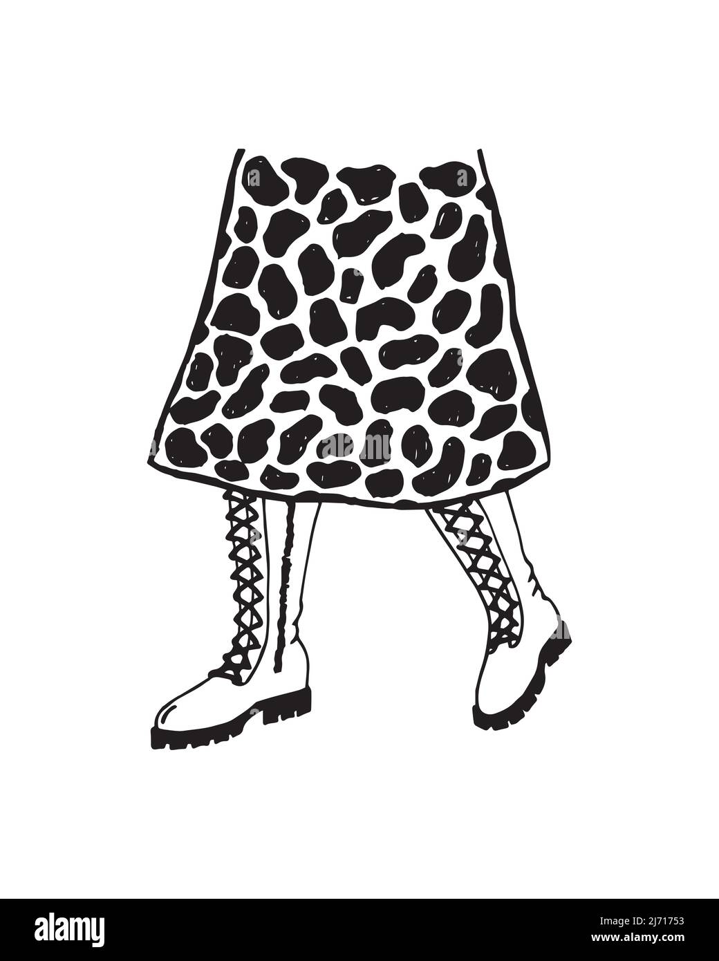 Illustrazione vettoriale della moda di una ragazza in stivali alla moda con suole ruvide e una gonna stampa leopardo. Moda casual. Illustrazione Vettoriale