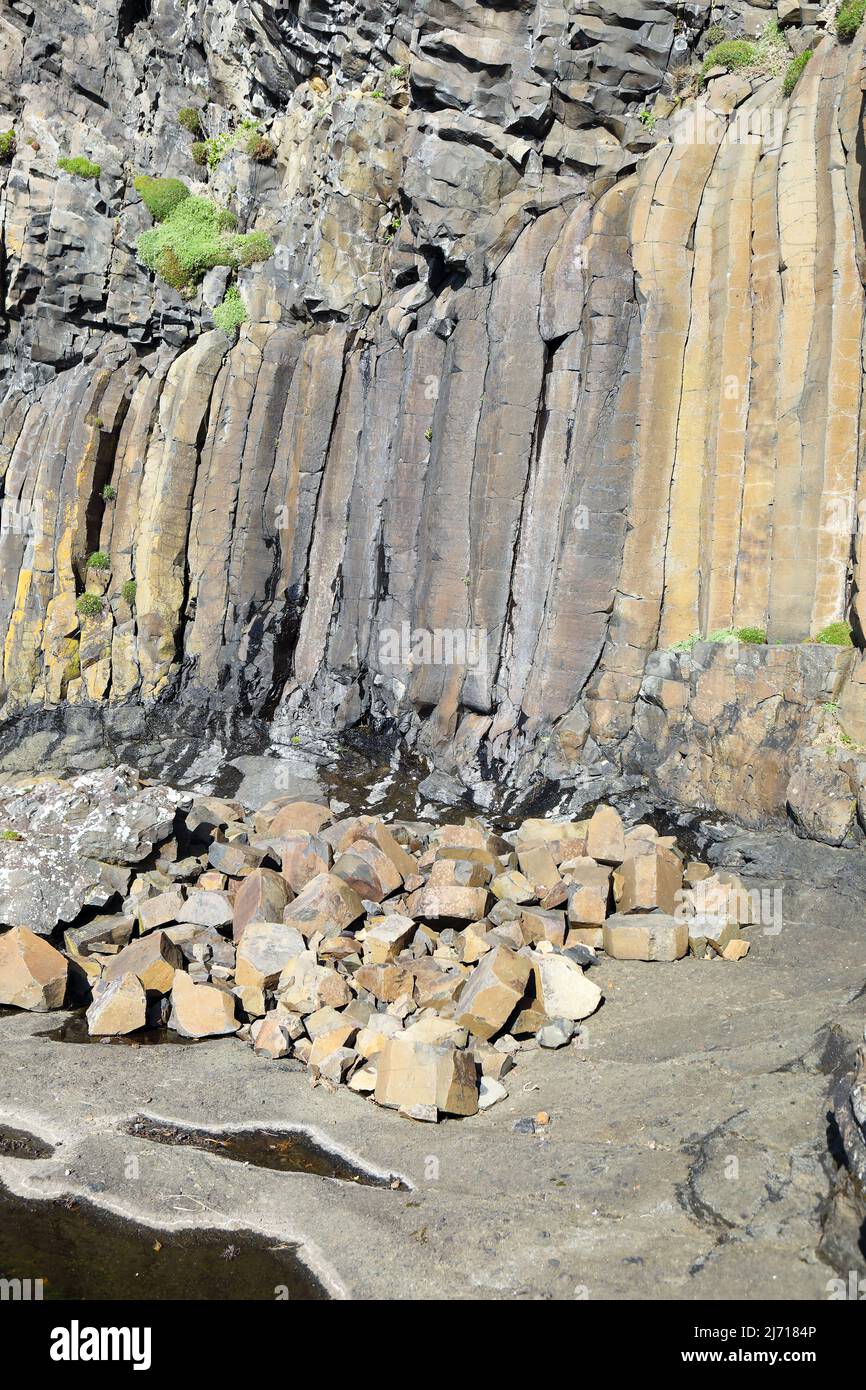 Erosione della colonna di basalto e caduta di rockfall sull'isola di Mull nelle Ebridi interne della Scozia Foto Stock