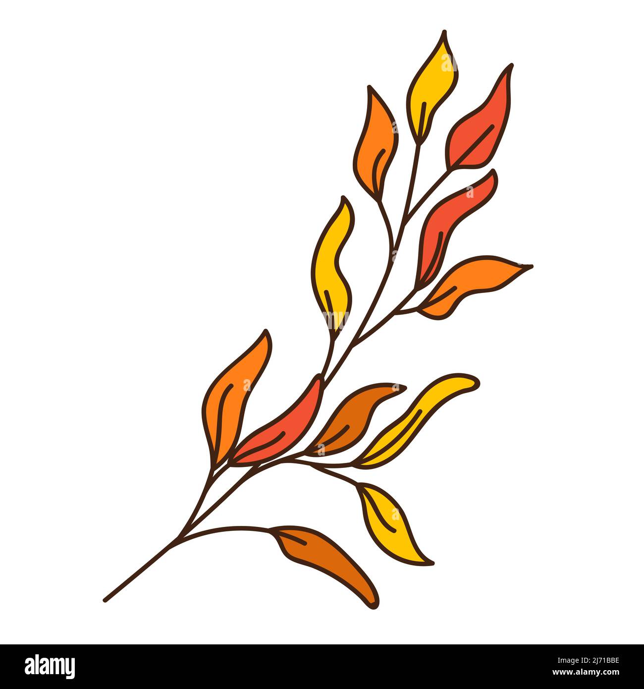 Ramoscello astratto rosso e giallo con foglie. Una lama di erba. Ora di autunno. Botanica, elemento di disegno vegetale con contorno. Doodle, disegnato a mano. Design piatto Illustrazione Vettoriale