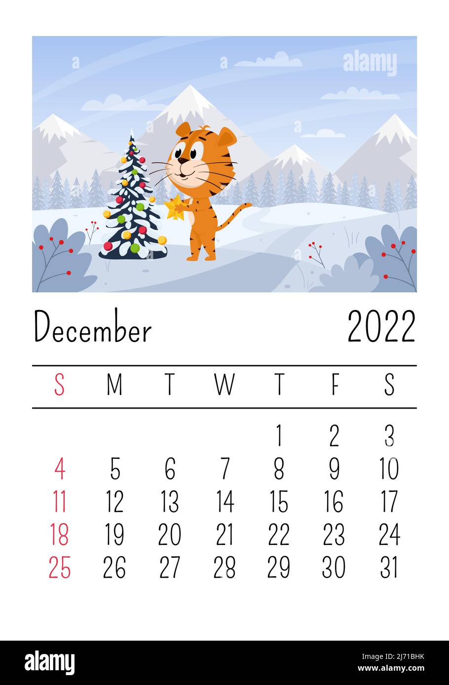 Modello di progetto per il calendario del 2022 dicembre. Carino tigre cartoon decora l'albero di Natale nella foresta. Paesaggio invernale con montagne. T Illustrazione Vettoriale