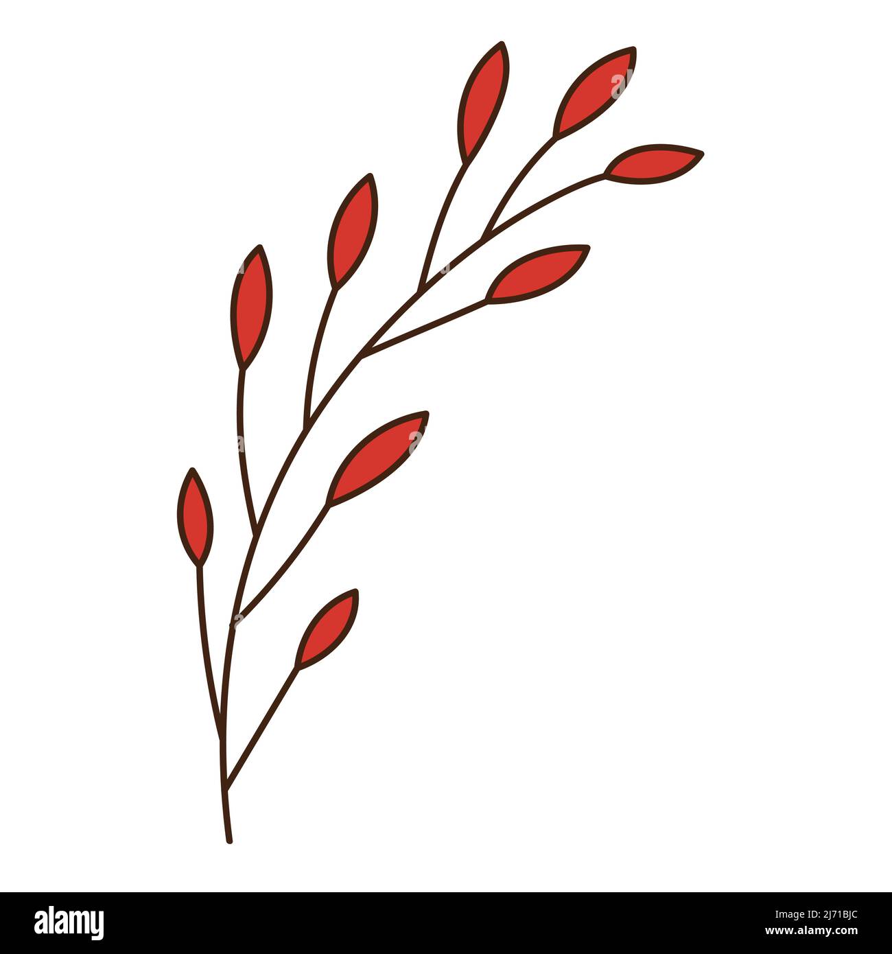 Ramoscello astratto con foglie rosse. Una lama di erba. Ora di autunno. Botanica, elemento di disegno vegetale con contorno. Doodle, disegnato a mano. Design piatto. Colore Vec Illustrazione Vettoriale