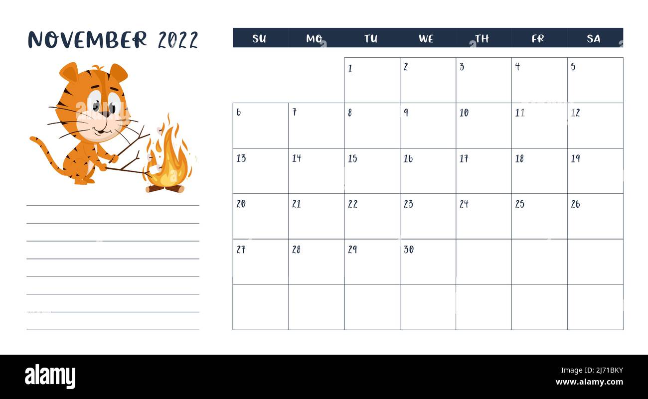 Modello di pagina del calendario orizzontale per il mese di novembre 2022 con un simbolo dell'anno cinese del cartone animato. La settimana inizia la domenica. Tiger arrosti marshmallows o Illustrazione Vettoriale