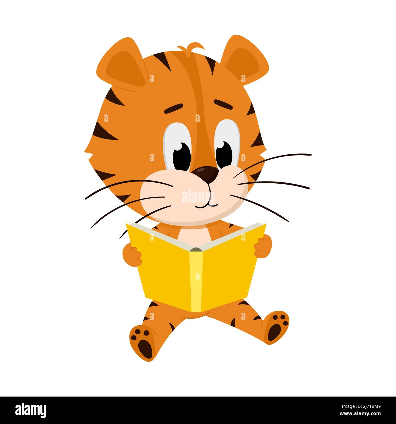 Tiger siede e legge un libro. Carino personaggio cartoon. La tigre è il simbolo dell'anno 2022. Illustrazione vettoriale per bambini. Isolato su un bianco b Illustrazione Vettoriale