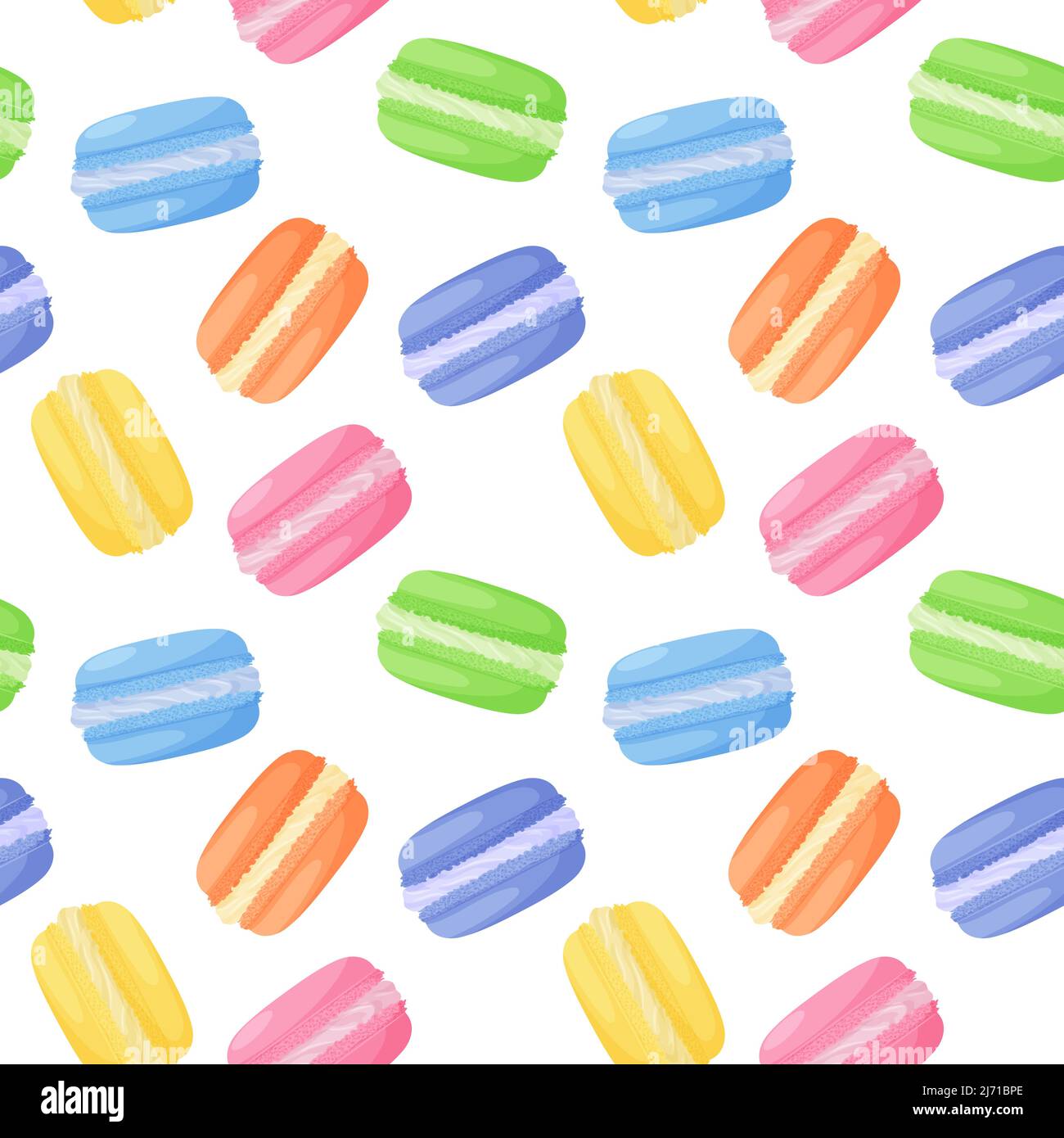 Motivo senza cuciture con torte macaroon colorate e brillanti. Cibo dolce. Elementi vettoriali luminosi e colorati su sfondo bianco Illustrazione Vettoriale