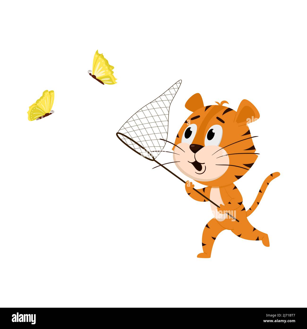 Tiger corre con una rete, cattura farfalle. Carino personaggio cartoon. La tigre è il simbolo dell'anno 2022. Illustrazione vettoriale per bambini. Isolat Illustrazione Vettoriale