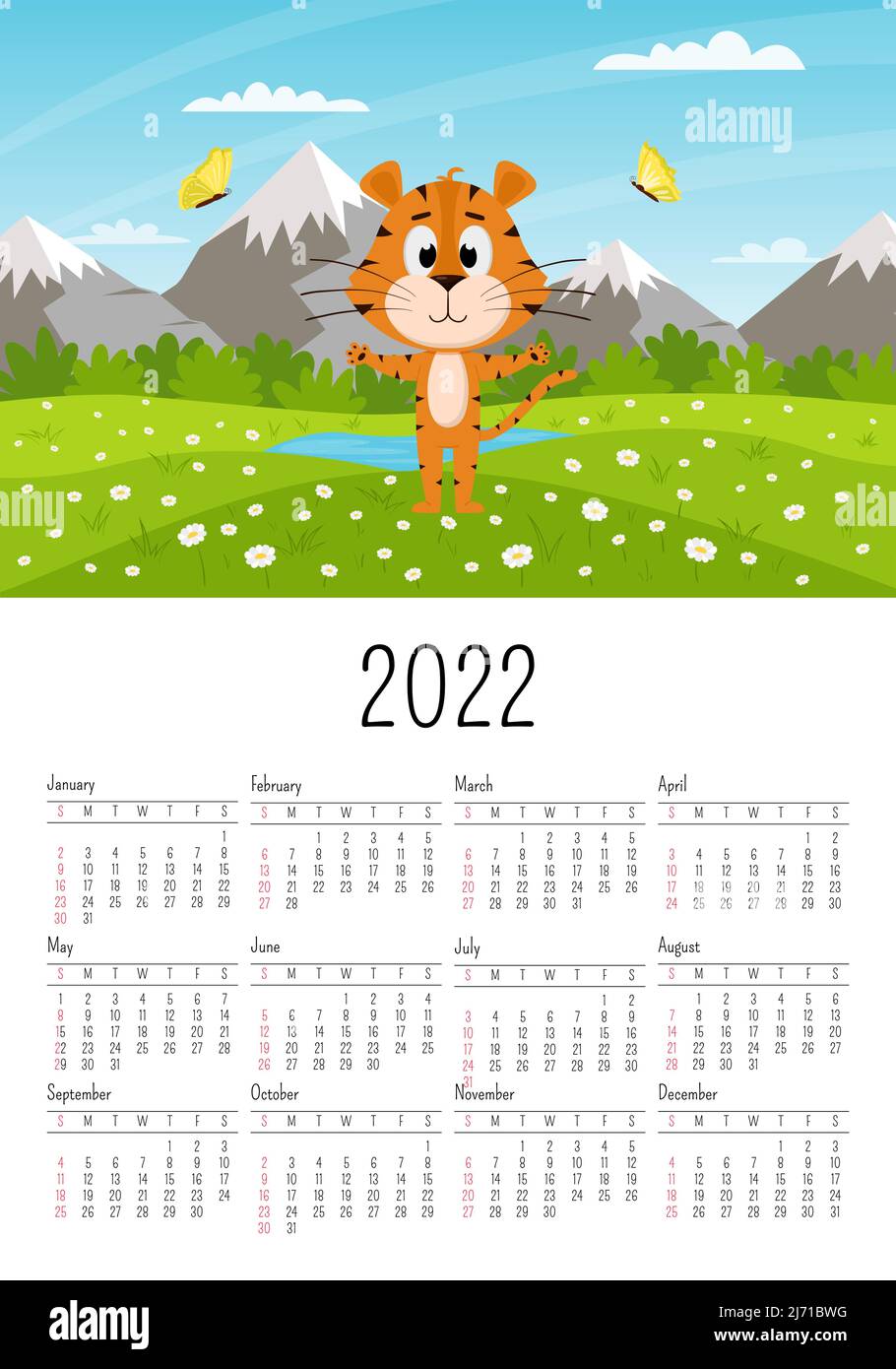 La copertina del calendario per il 2022. L'anno della Tigre. Tigre in natura. Campo estivo e farfalle. Griglia calendario con mesi e settimane. Un carto Illustrazione Vettoriale