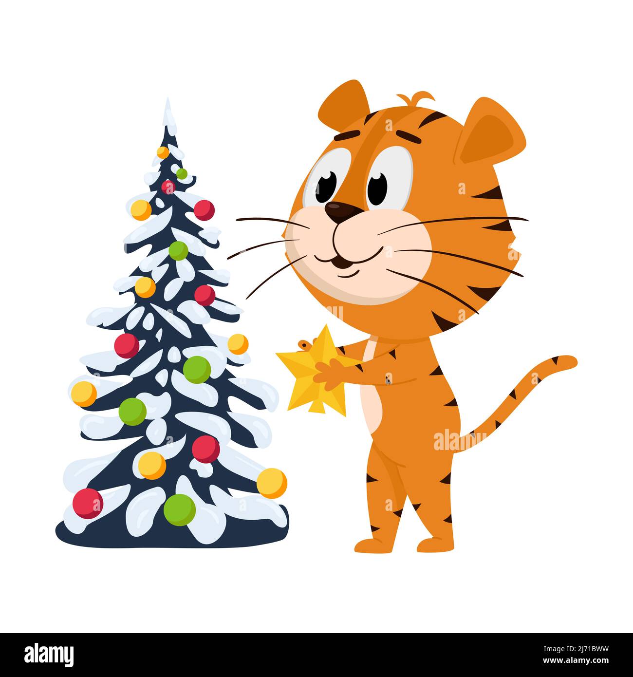 La tigre tiene la stella nelle sue zampe, veste l'albero di Natale. Carino personaggio cartoon. La tigre è il simbolo dell'anno 2022. Illustrazione vettoriale Illustrazione Vettoriale