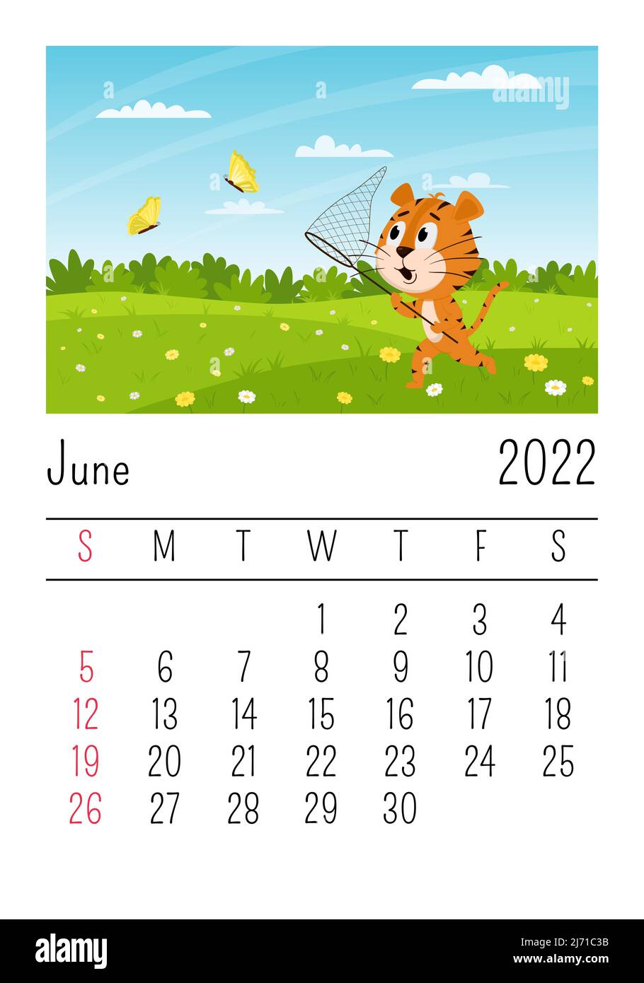 Modello di progettazione. Calendario del 2022 giugno. Carino tigre cartoon corre attraverso il campo e cattura farfalle. Paesaggio estivo. Il simbolo dell'anno. Illustrazione Vettoriale