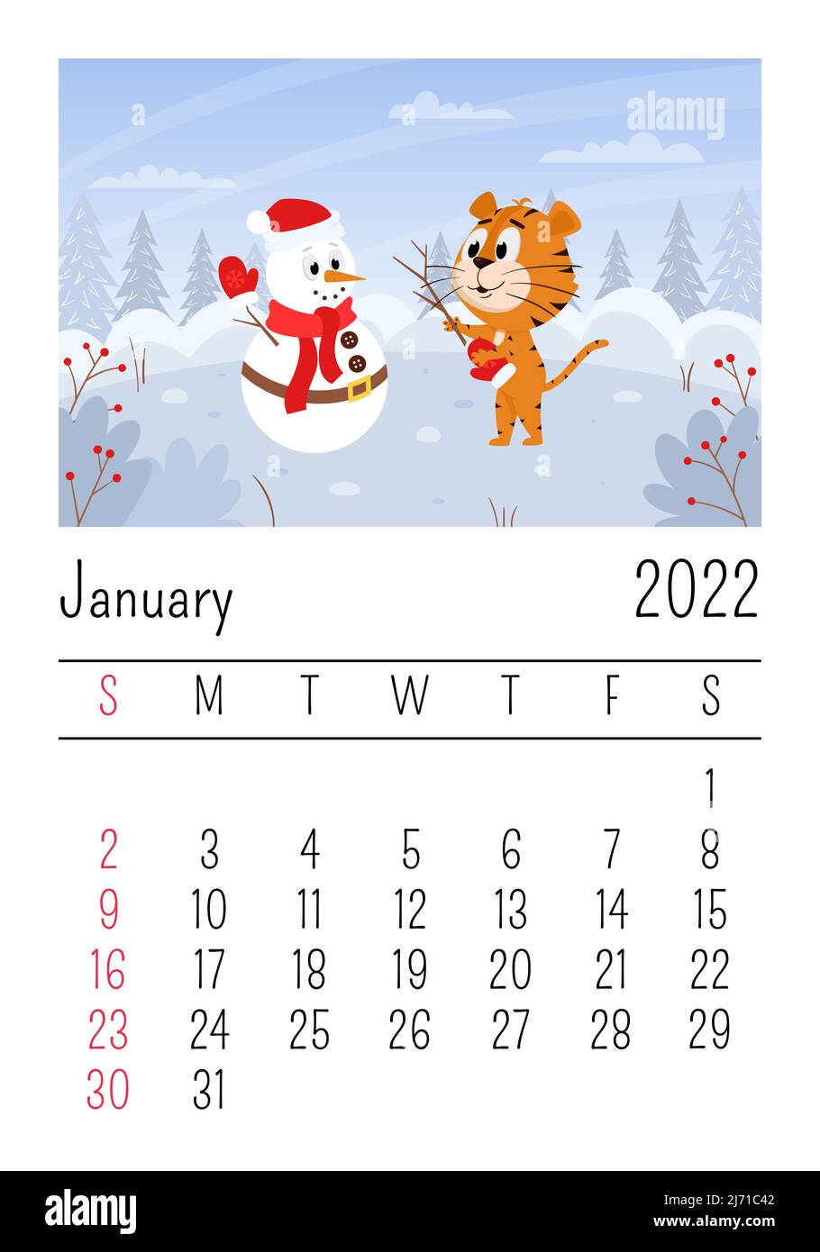 Modello di progettazione per il calendario del 2022 gennaio. Carino tigre cartoon con un pupazzo di neve. Paesaggio invernale con una foresta. Il simbolo dell'anno. Animale Illustrazione Vettoriale