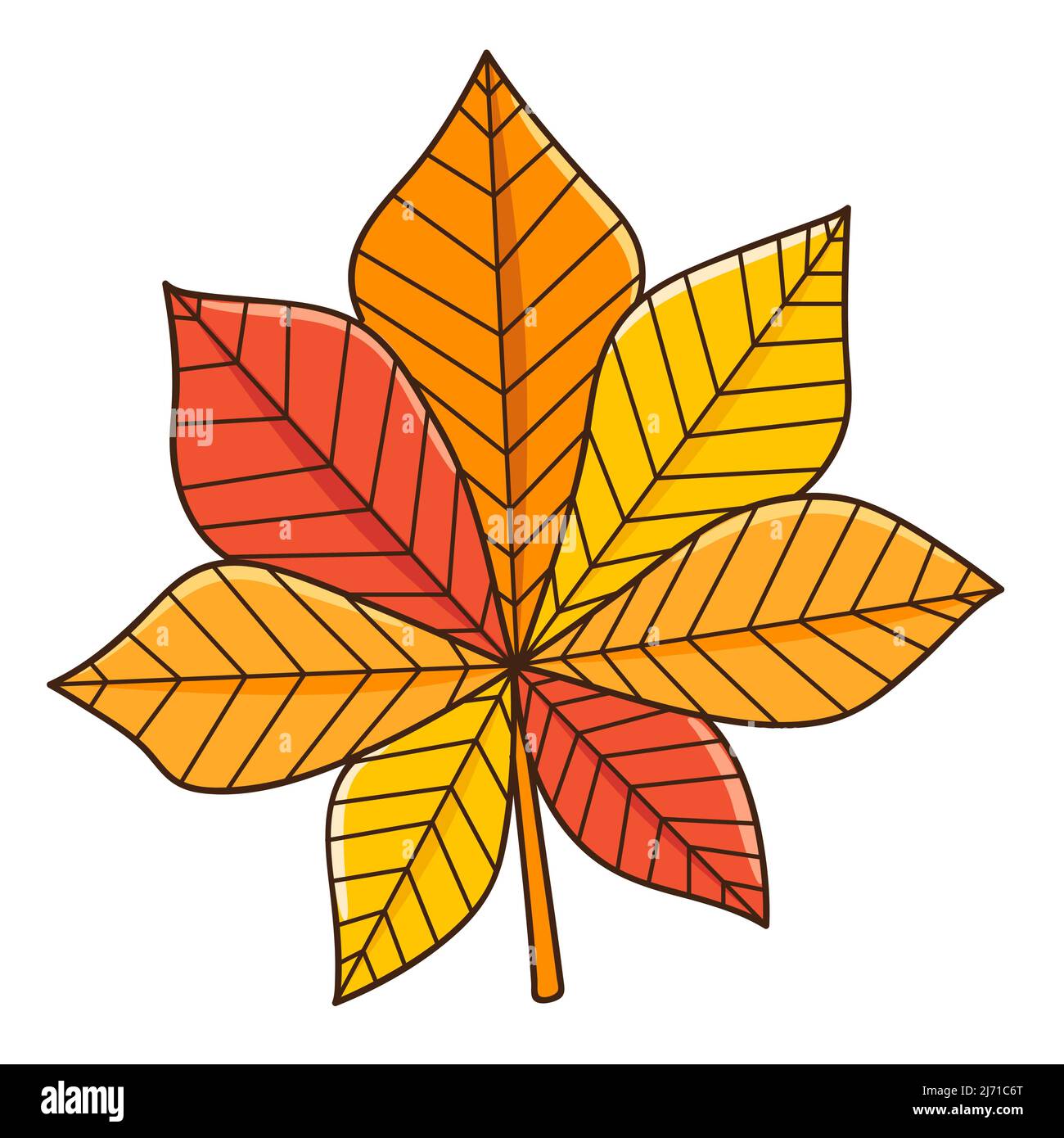 Foglia di castagno rossa e gialla. Foglia d'autunno. Botanica, elemento di disegno vegetale con contorno. Doodle, disegnato a mano. Design piatto. Illustrazione vettoriale a colori. IO Illustrazione Vettoriale