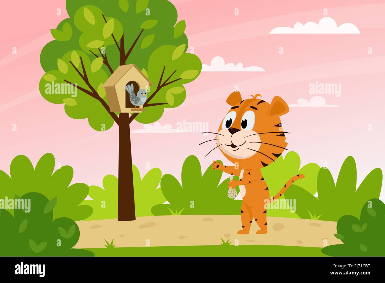 La tigre carina del cartone animato alimenta un uccello nella foresta. Paesaggio primaverile. Il simbolo dell'anno. Carattere animale. Illustrazione vettoriale a colori per kids.Flat sty Illustrazione Vettoriale