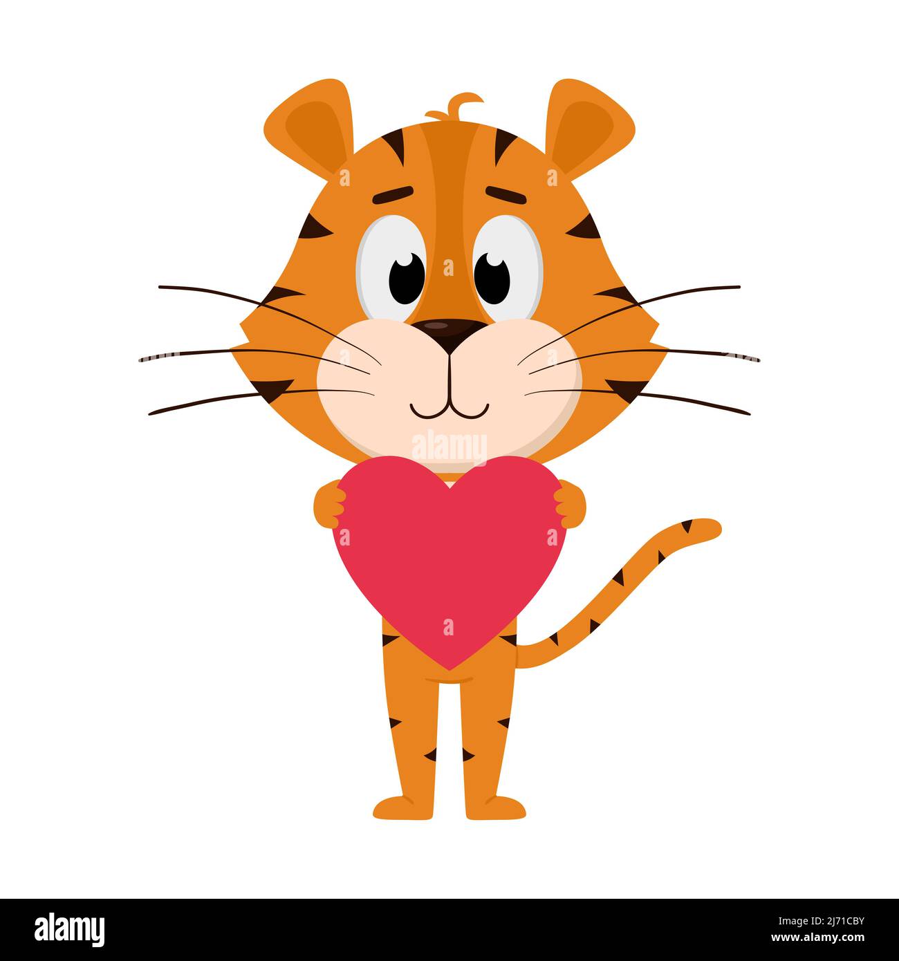 La tigre abbraccia, tiene il cuore nelle sue zampe. Carino personaggio cartoon. La tigre è il simbolo dell'anno 2022. Illustrazione vettoriale per bambini. IO Illustrazione Vettoriale