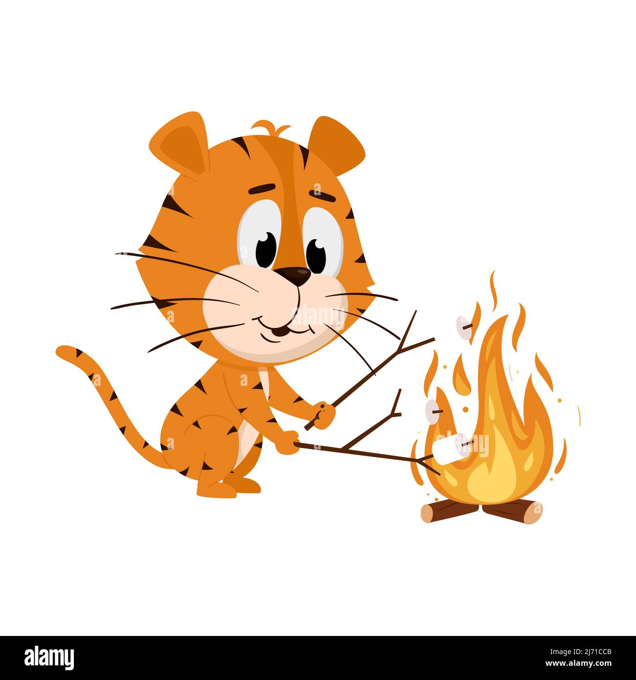 Tiger arrostire marshmallows su un fuoco di legno. Carino personaggio cartoon. La tigre è il simbolo dell'anno 2022. Illustrazione vettoriale per bambini. Isolato Illustrazione Vettoriale