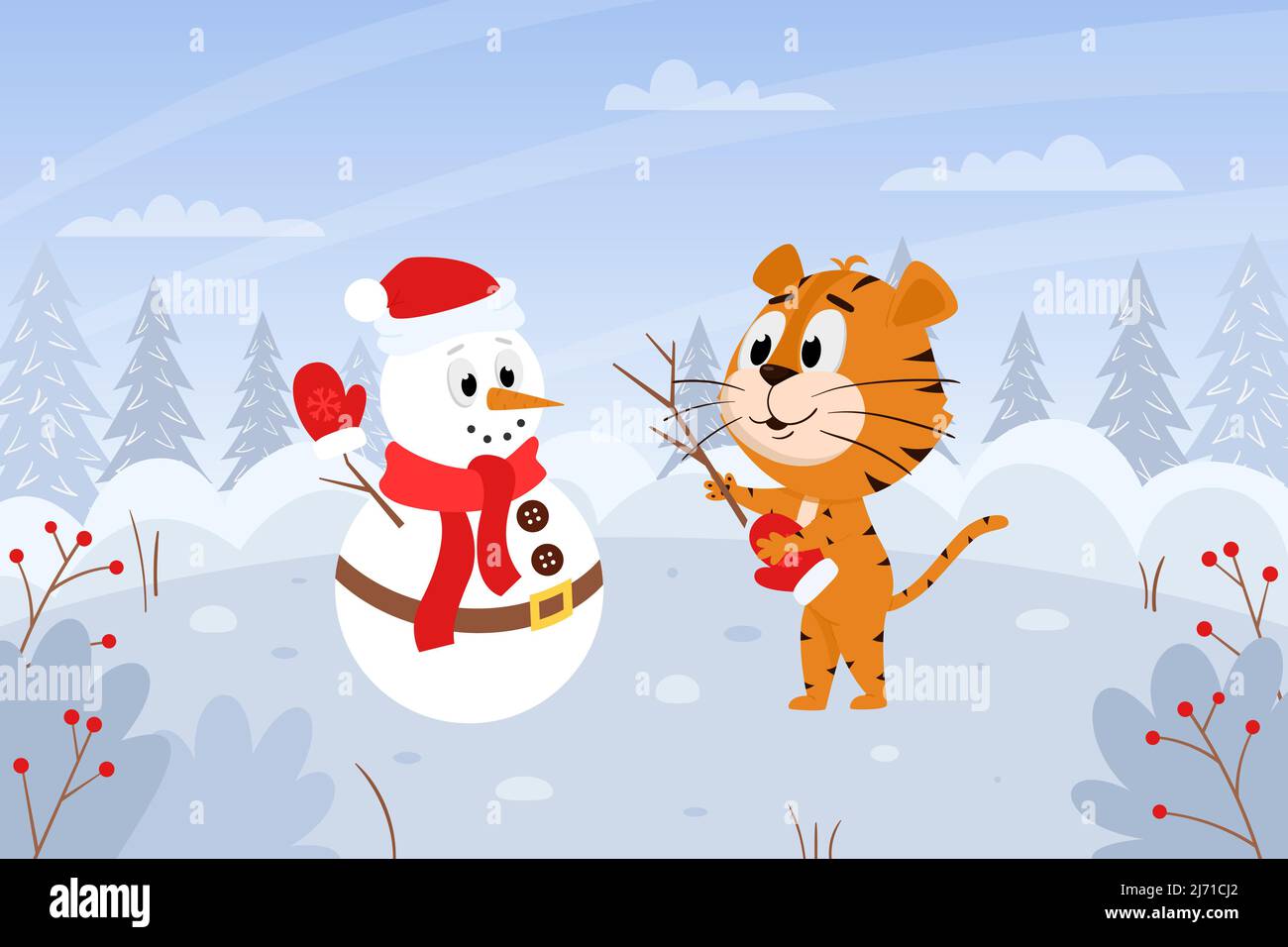 Carino tigre cartoon con un pupazzo di neve. Paesaggio invernale con una foresta. Il simbolo dell'anno. Carattere animale. Illustrazione vettoriale a colori.stile piatto. Illustrazione Vettoriale