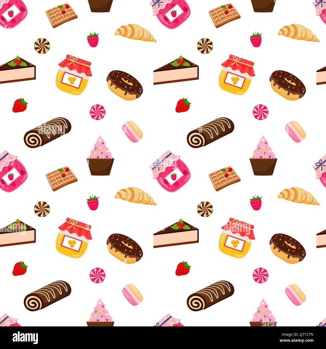 Modello senza giunture con cibo dolce, dolciumi, miele, ciambelle, marmellata, macaroon, bagel. Elementi vettoriali cartoni animati luminosi e colorati su un whi Illustrazione Vettoriale