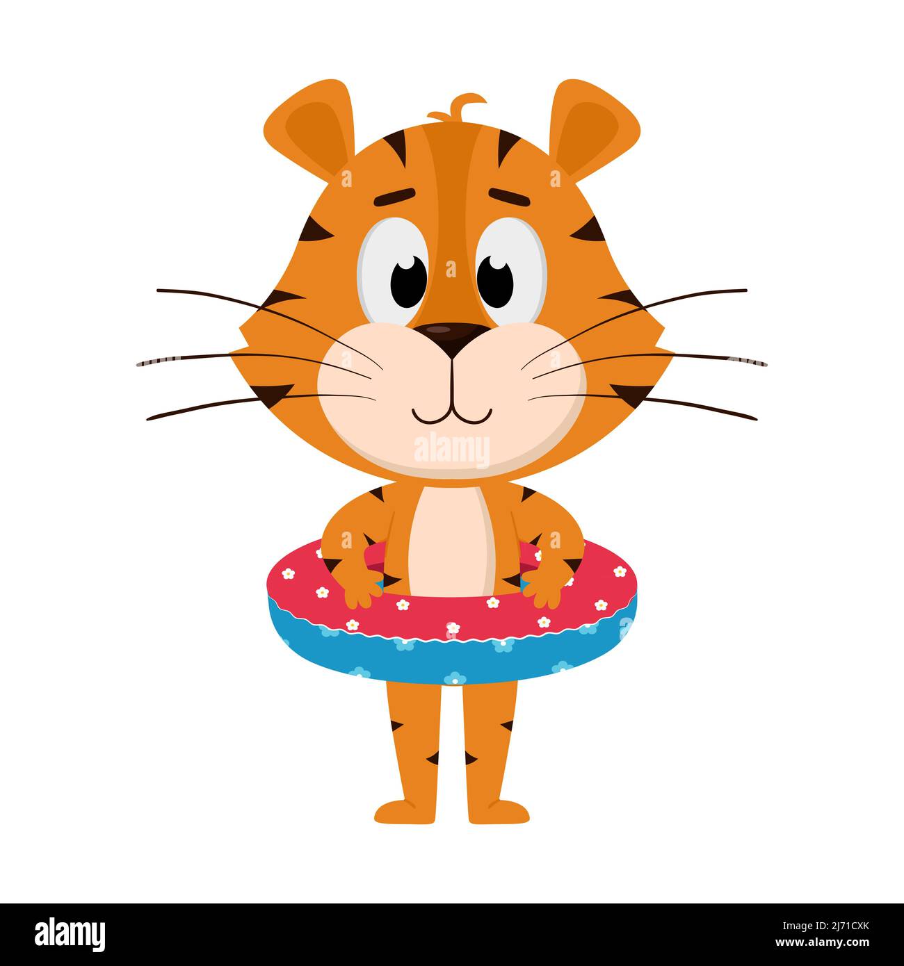 Una tigre è dotata di una salvagente gonfiabile. Carino personaggio cartoon. La tigre è il simbolo dell'anno 2022. Illustrazione vettoriale per bambini. Isolat Illustrazione Vettoriale