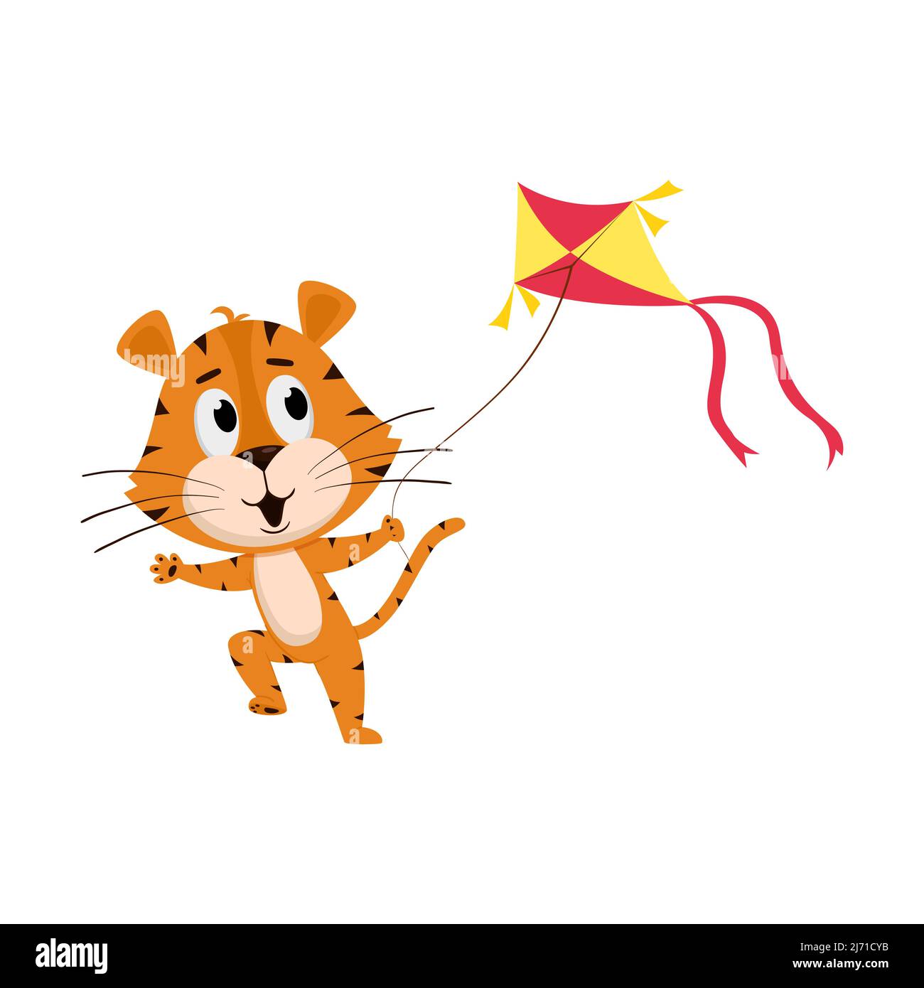 Una tigre corre con un aquilone. Carino personaggio cartoon. La tigre è il simbolo dell'anno 2022. Illustrazione vettoriale per bambini. Isolato su un dorso bianco Illustrazione Vettoriale
