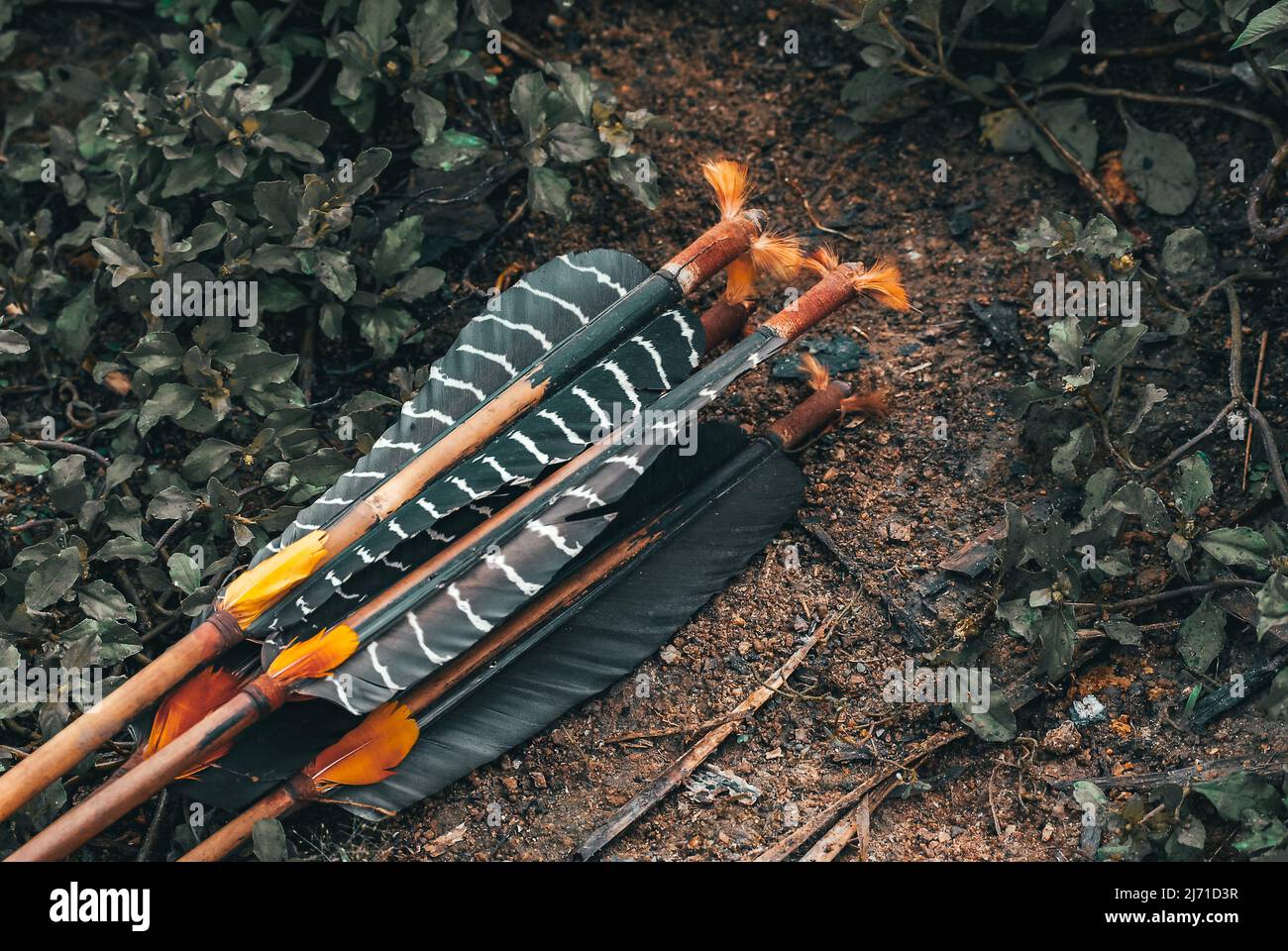 Frecce indiane fatte a mano con piume Foto Stock