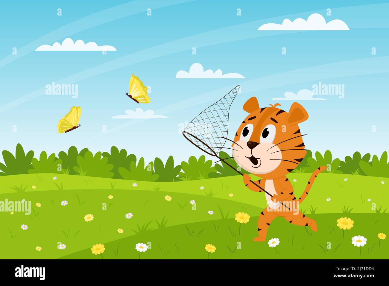 Carino tigre cartoon corre attraverso il campo e cattura farfalle. Paesaggio estivo. Il simbolo dell'anno. Carattere animale. Illustrazione del vettore colore Illustrazione Vettoriale