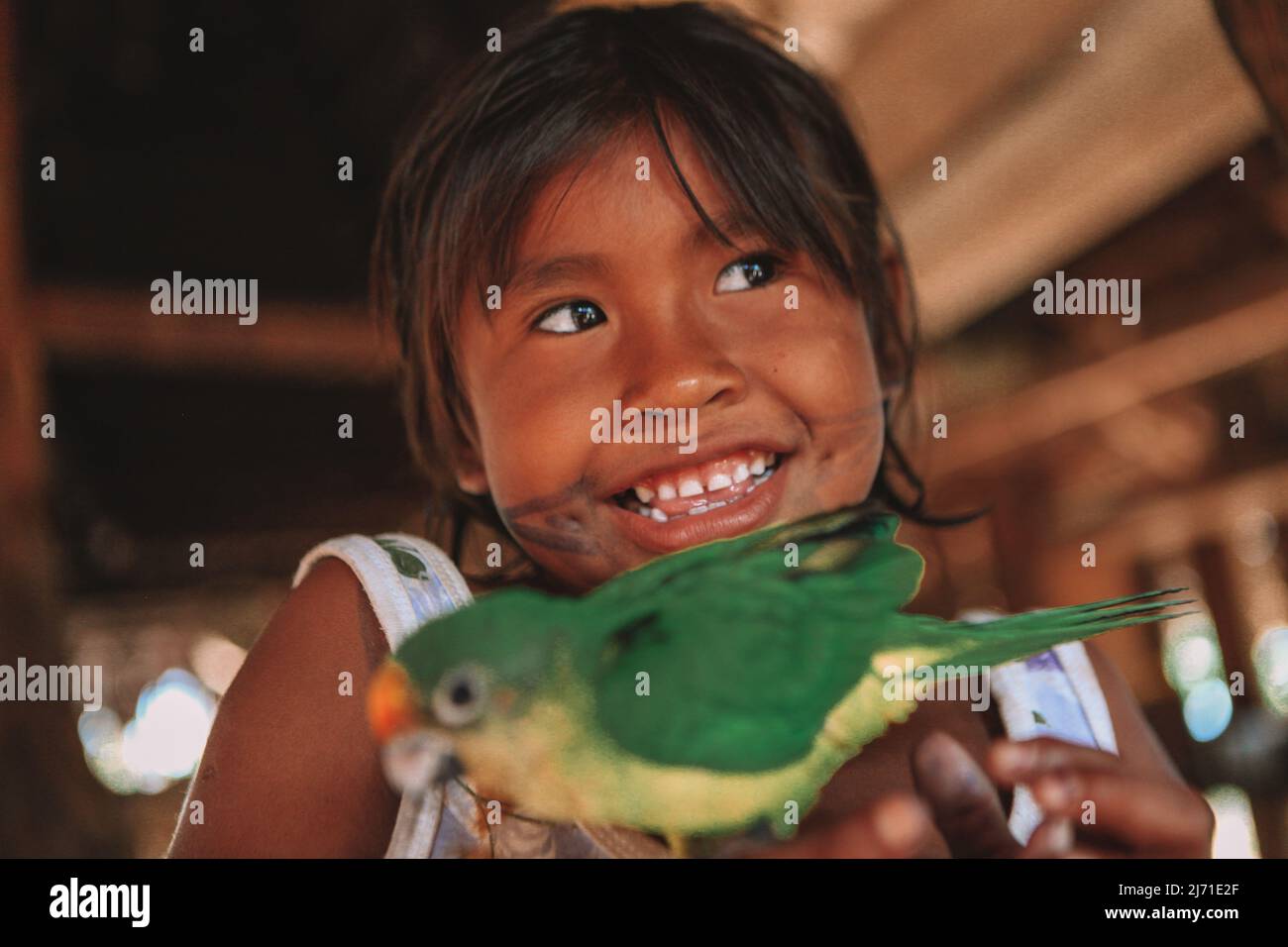 Ragazza indigena di etnia amazzonica che gioca con l'uccello dell'animale domestico. Amazzonia brasiliana, 2010. Foto Stock
