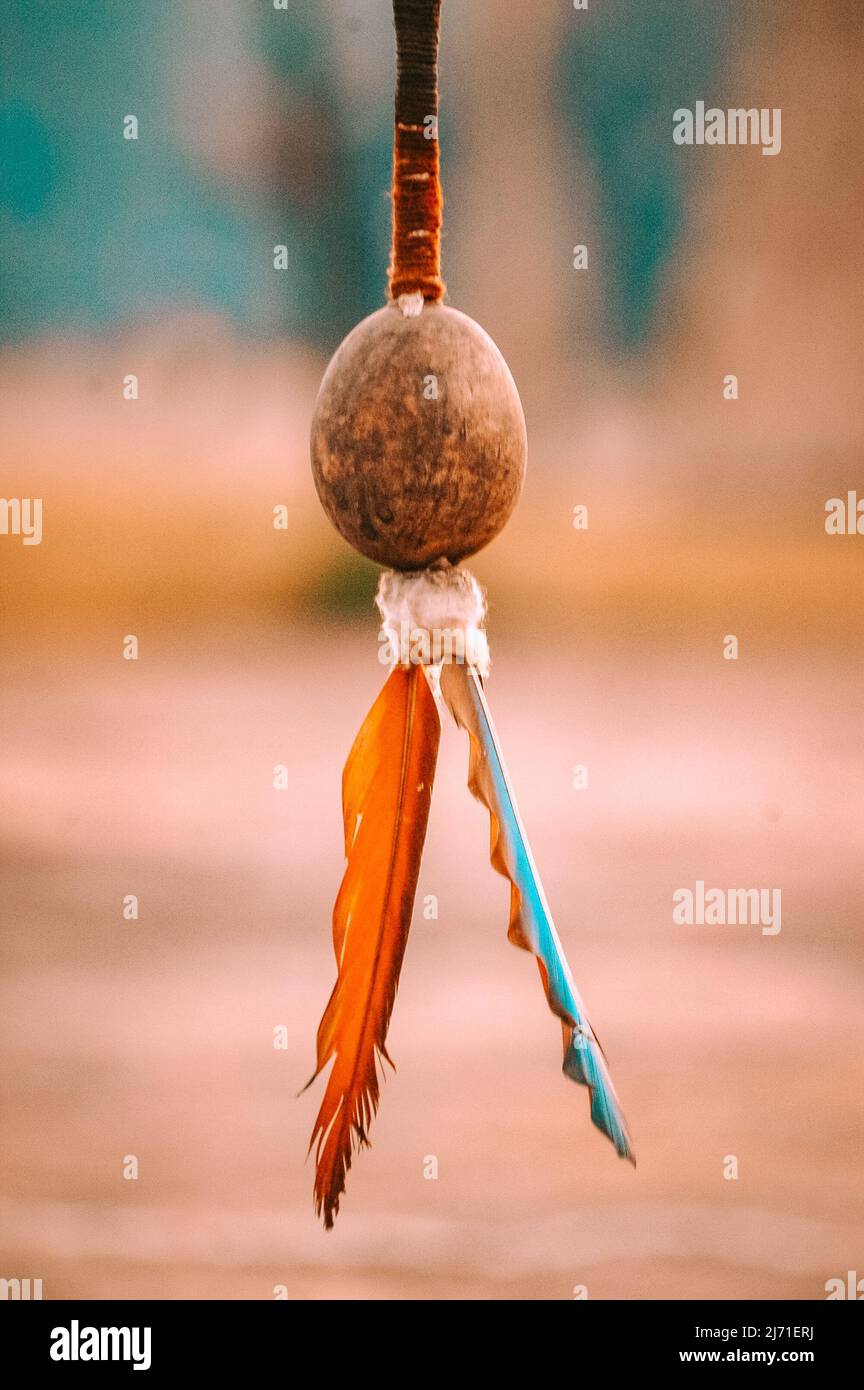 Gioielli indiani realizzati da una tribù brasiliana amazzonica. Arti e mestieri indigeni con semi e piume. Foto Stock