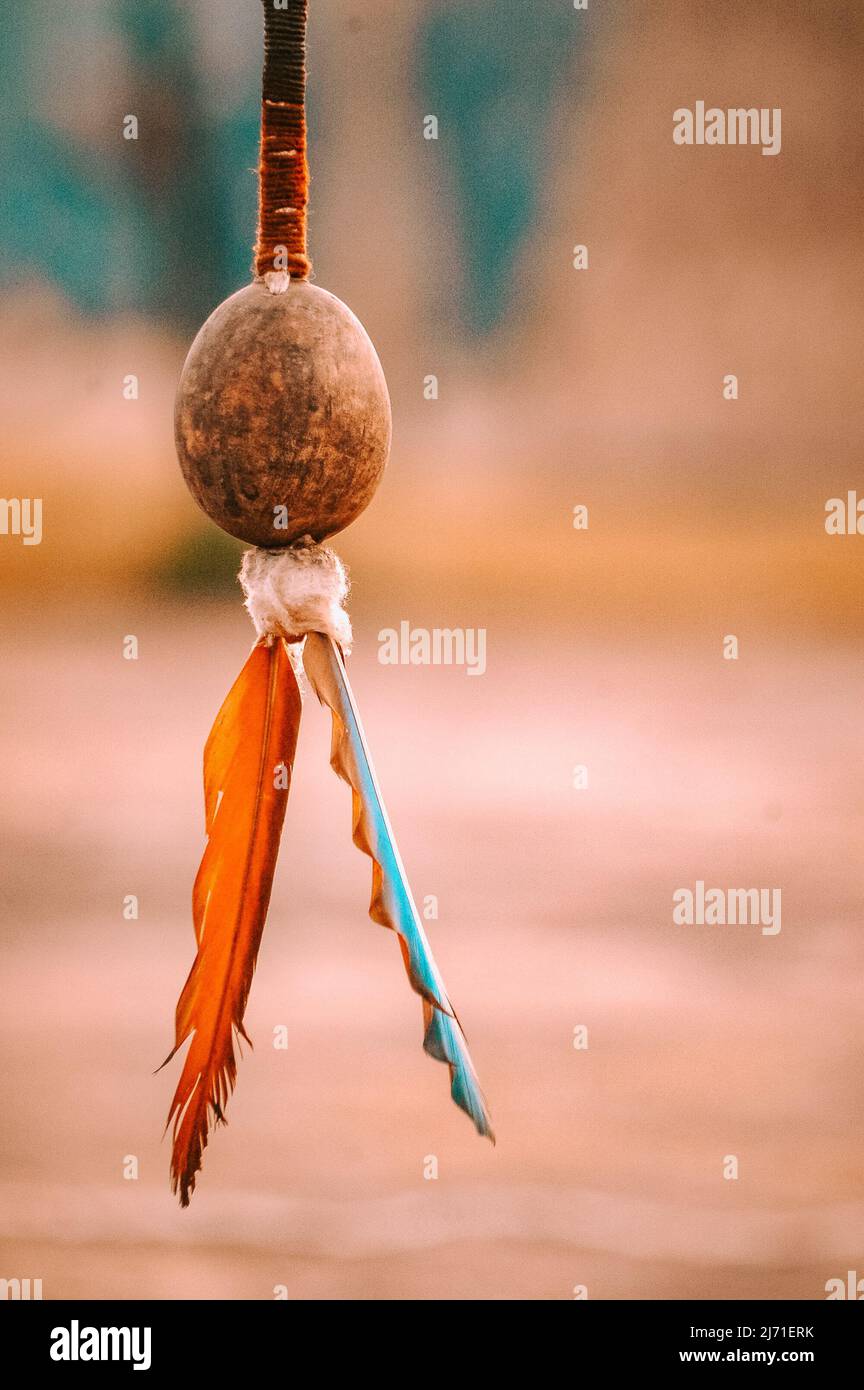 Gioielli indiani realizzati da una tribù brasiliana amazzonica. Arti e mestieri indigeni con semi e piume. Foto Stock