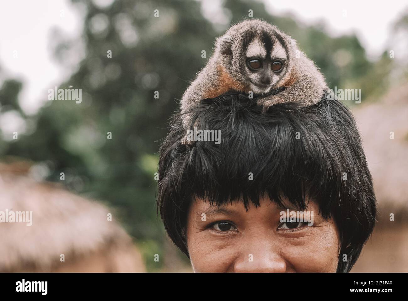 Notte scimmia arrampicata poggiando sulla testa di una donna indiana. Índia Amazônica Brasileira. Fiume Xingu, Altamira, Amazzonia brasiliana 2007. Foto Stock