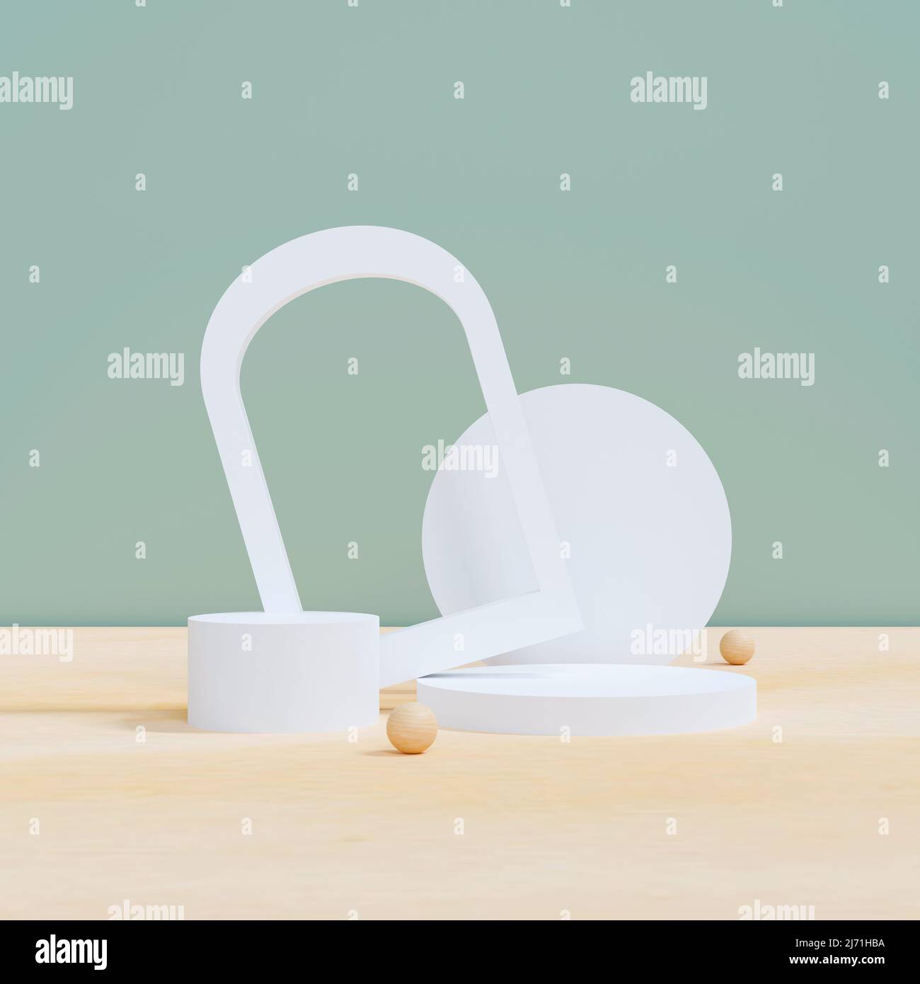 scena minimale bianca con forme geometriche. Podio cilindrico bianco su sfondo verde. 3D palcoscenico per esporre un cosmetico, panetteria, cibo e bevande pr Foto Stock