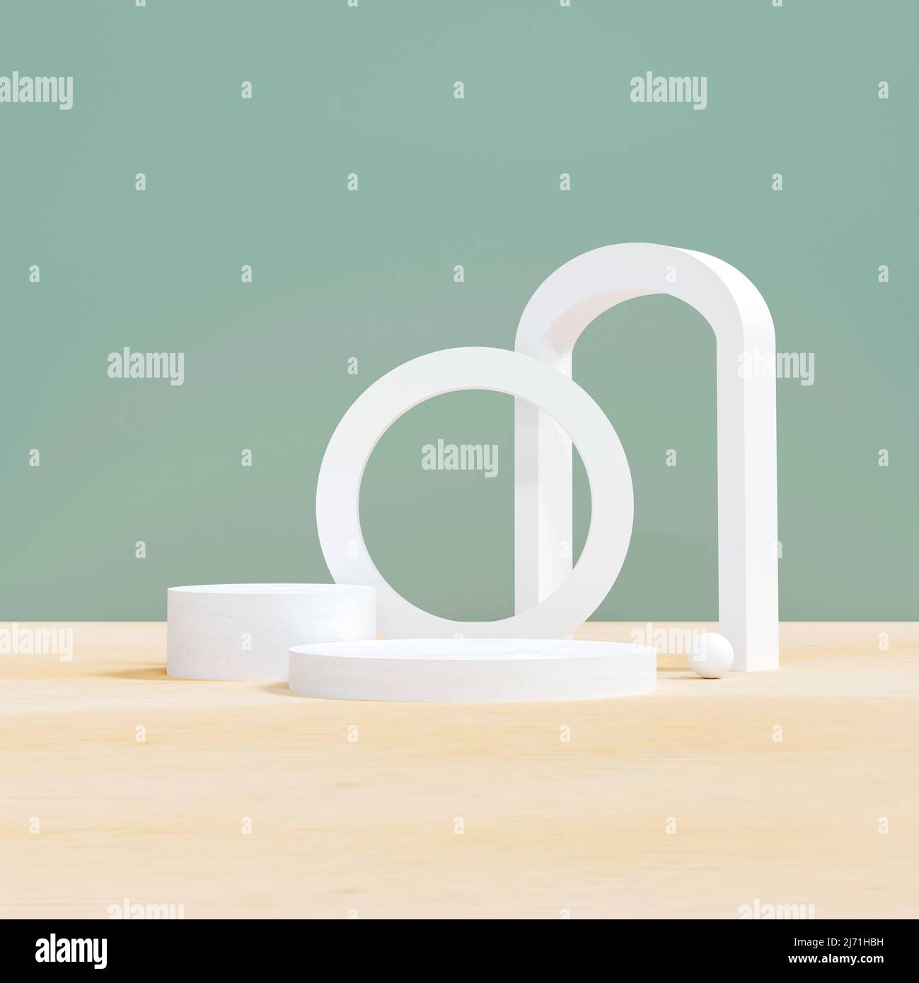 scena minimale bianca con forme geometriche. Podio cilindrico bianco su sfondo verde. 3D palcoscenico per esporre un cosmetico, panetteria, cibo e bevande pr Foto Stock