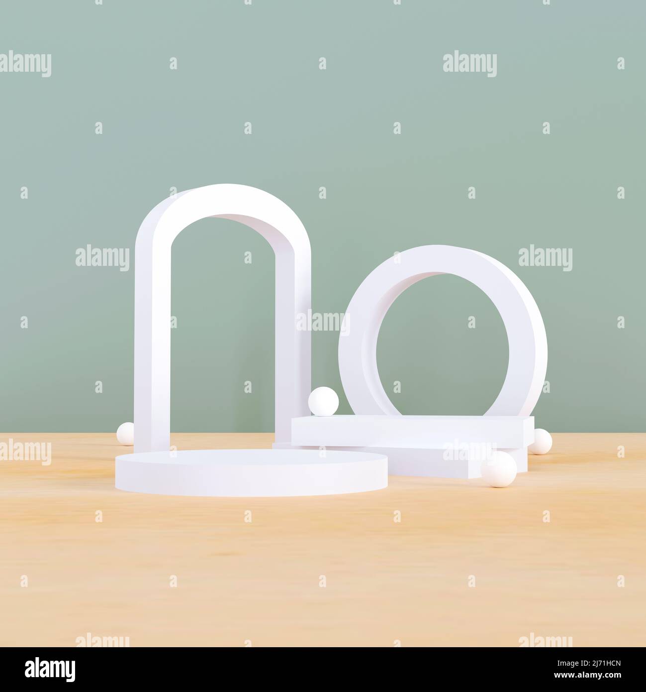 scena minimale bianca con forme geometriche. Podio cilindrico bianco su sfondo verde. 3D palcoscenico per esporre un cosmetico, panetteria, cibo e bevande pr Foto Stock