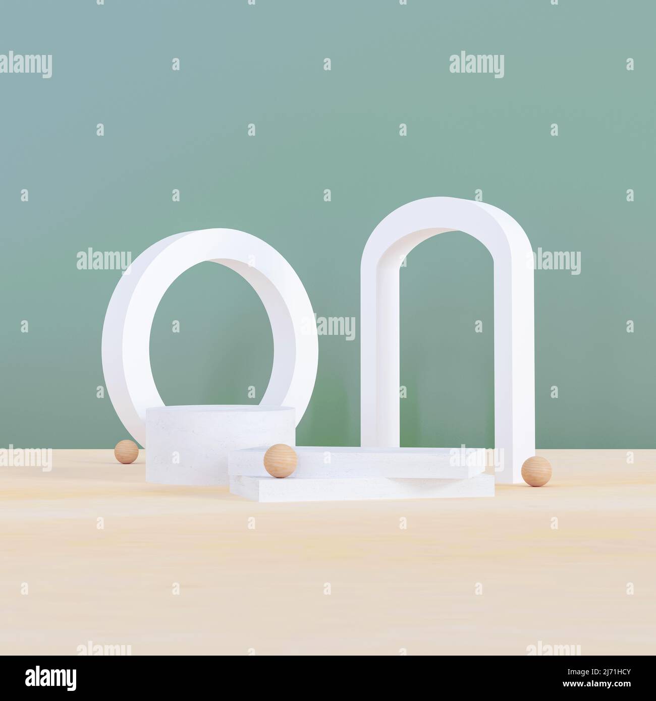 scena minimale bianca con forme geometriche. Podio cilindrico bianco su sfondo verde. 3D palcoscenico per esporre un cosmetico, panetteria, cibo e bevande pr Foto Stock