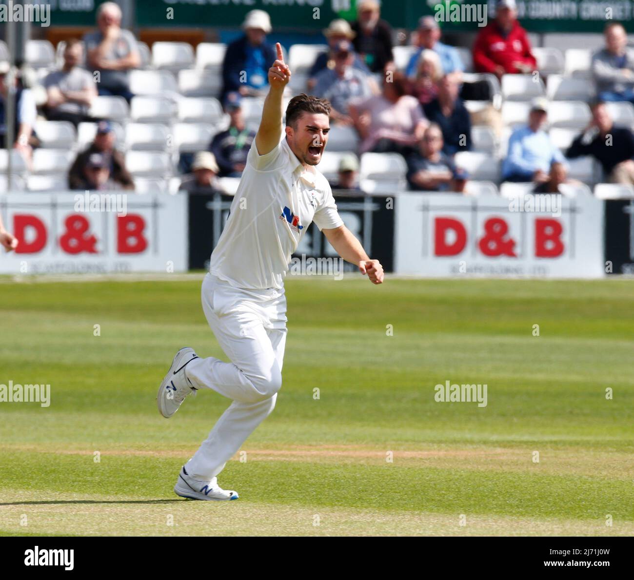 CHELMSFORD INGHILTERRA - MAGGIO 05 : Jordan Thompson dello Yorkshire celebra la conquista del cazzo di Nick Browne durante il Campionato della Contea - Divisione uno (giorno 1 del 4) tra Essex CCC contro YorksireCCC al Cloud County Ground di Chelmsford il 05th Maggio 2022 Foto Stock