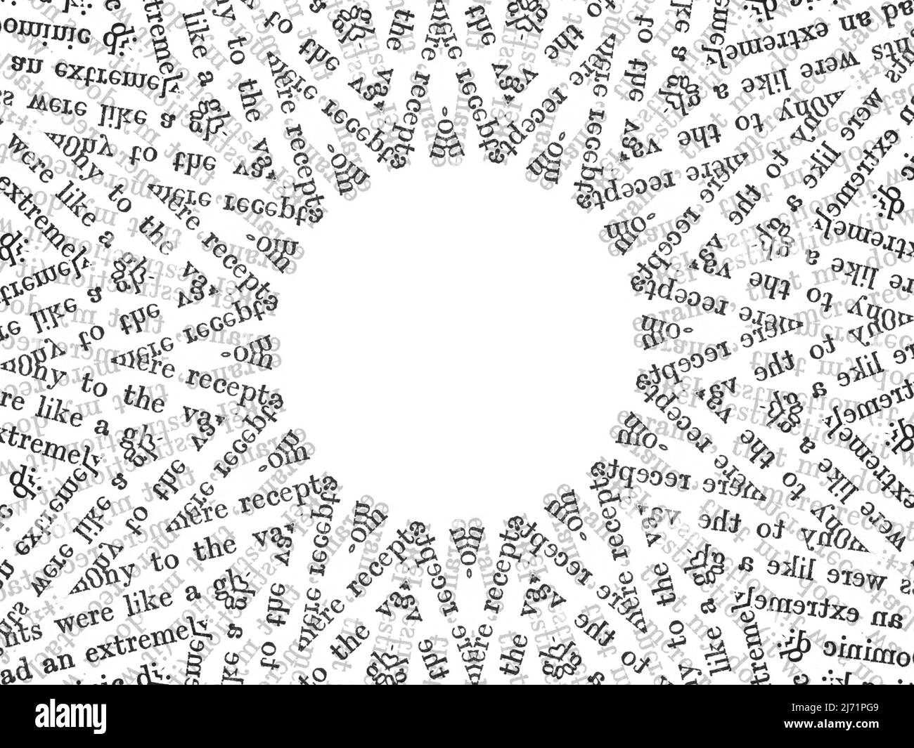 Cerchio bianco circondato da disordinato parole criptate. Testo astratto e illustrazione tipografica di sfondo. Foto Stock