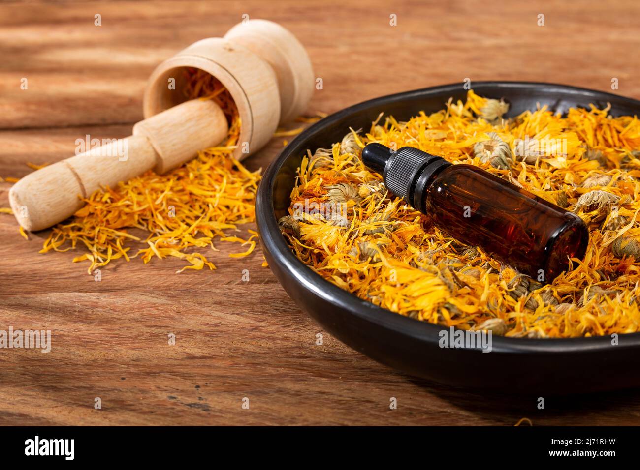 Calendula officinalis - olio Calendula in Drosipper cosmetico scuro Foto Stock