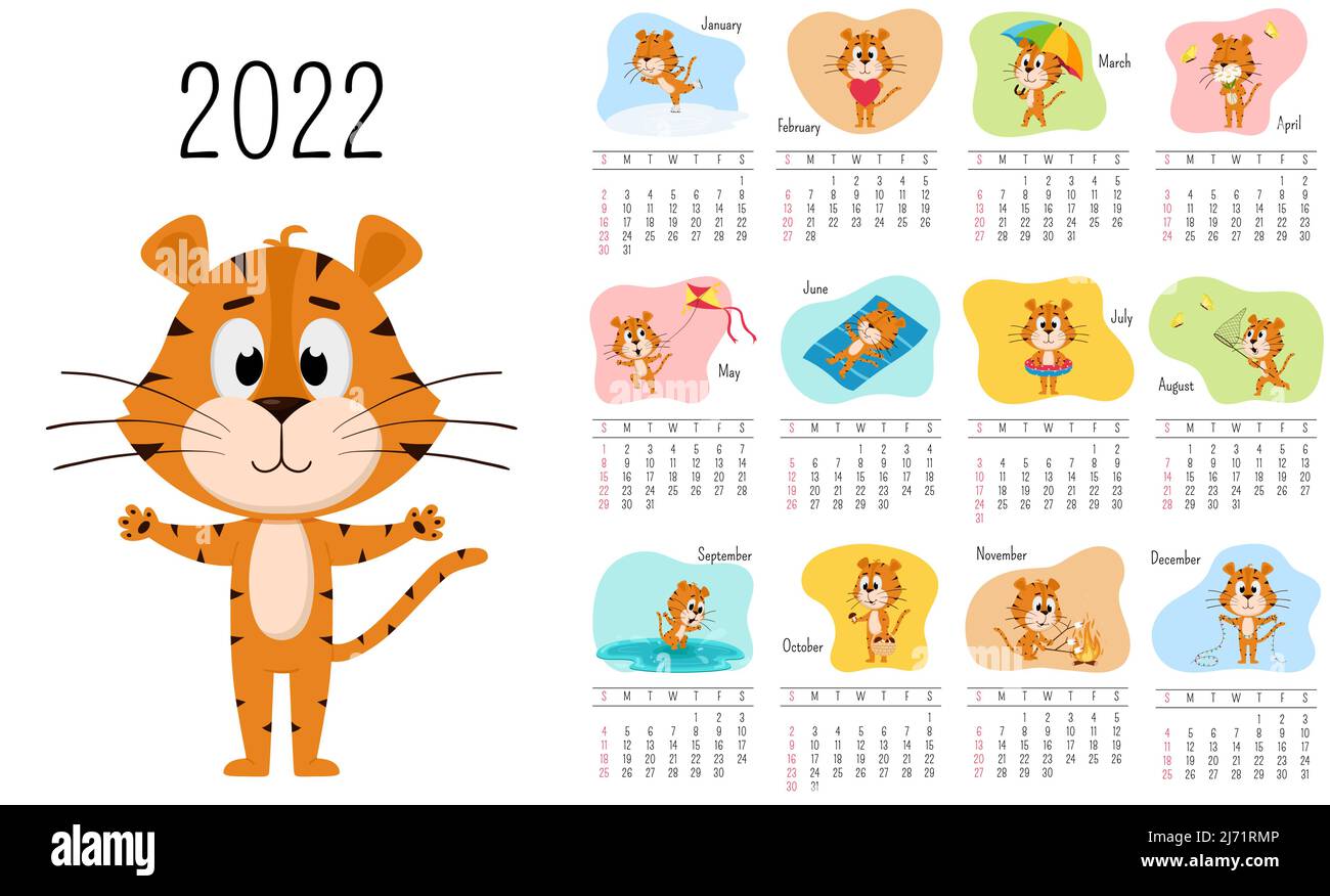 Modello di calendario parete verticale 2022. La settimana inizia la domenica. Calendario pronto per la stampa con cartoon Tiger simbolo dell'anno cinese. Un set di 12 pagine e. Illustrazione Vettoriale