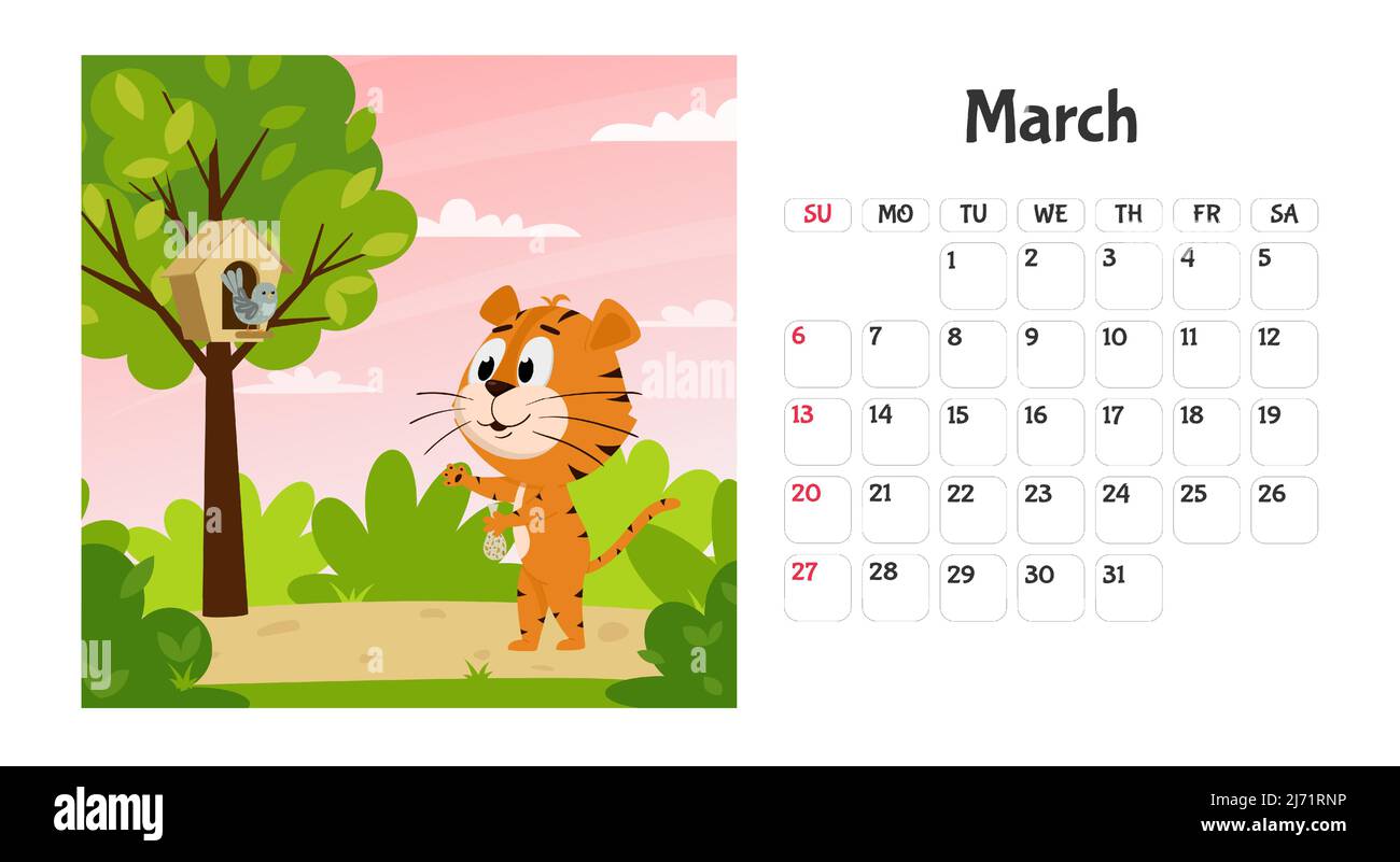 Modello di pagina del calendario orizzontale per il mese di marzo 2022 con una tigre cartoon simbolo dell'anno cinese. La settimana inizia la domenica. Una tigre alimenta un b Illustrazione Vettoriale