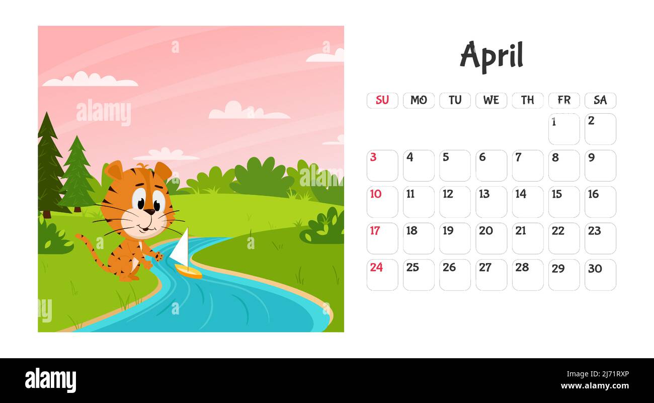 Modello di pagina orizzontale del calendario desktop per aprile 2022 con una tigre cartoon simbolo dell'anno cinese. La settimana inizia la domenica. Tiger lancia un Illustrazione Vettoriale