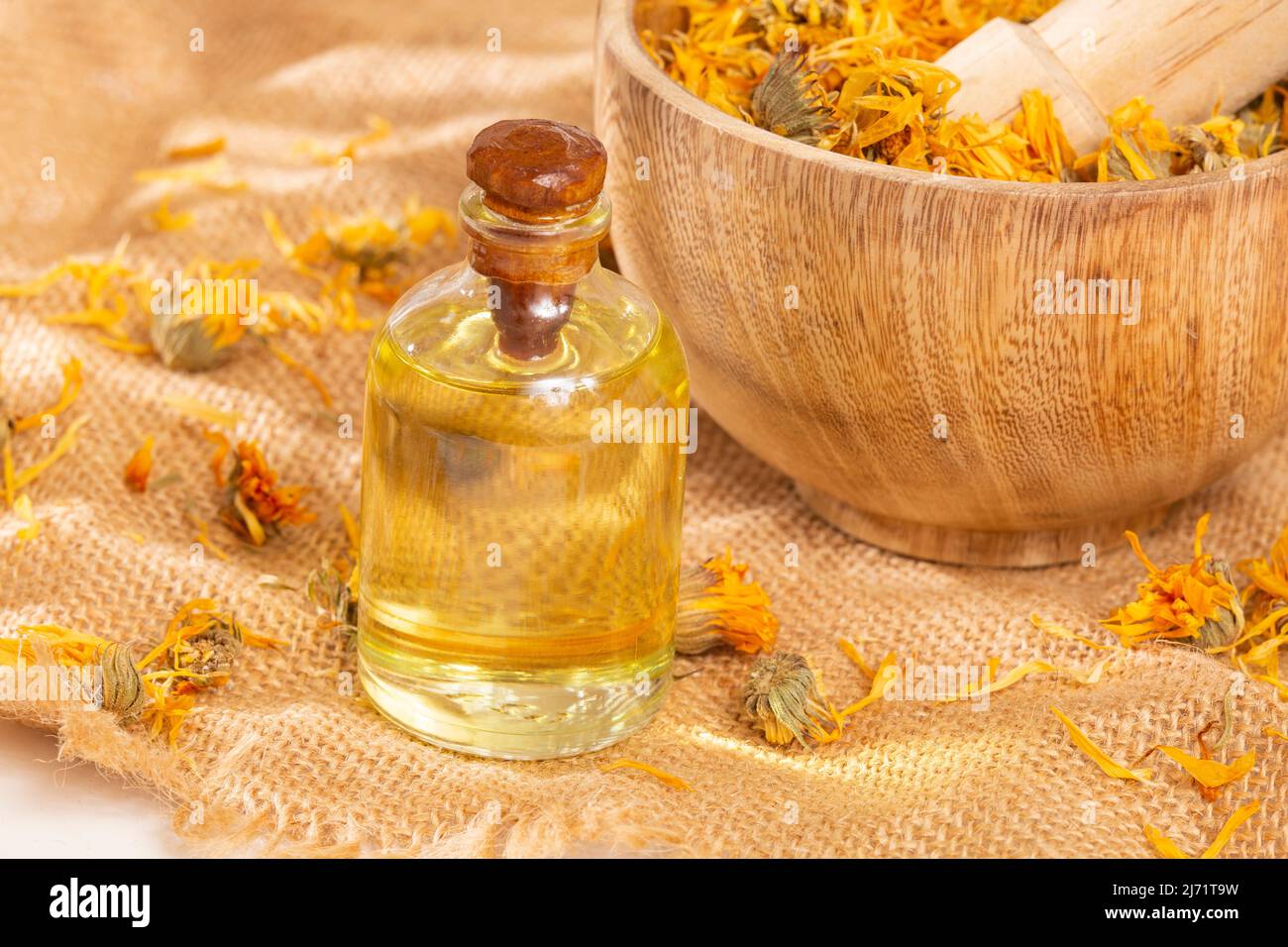 Calendula officinalis - olio Calendula in bottiglia di vetro Foto Stock